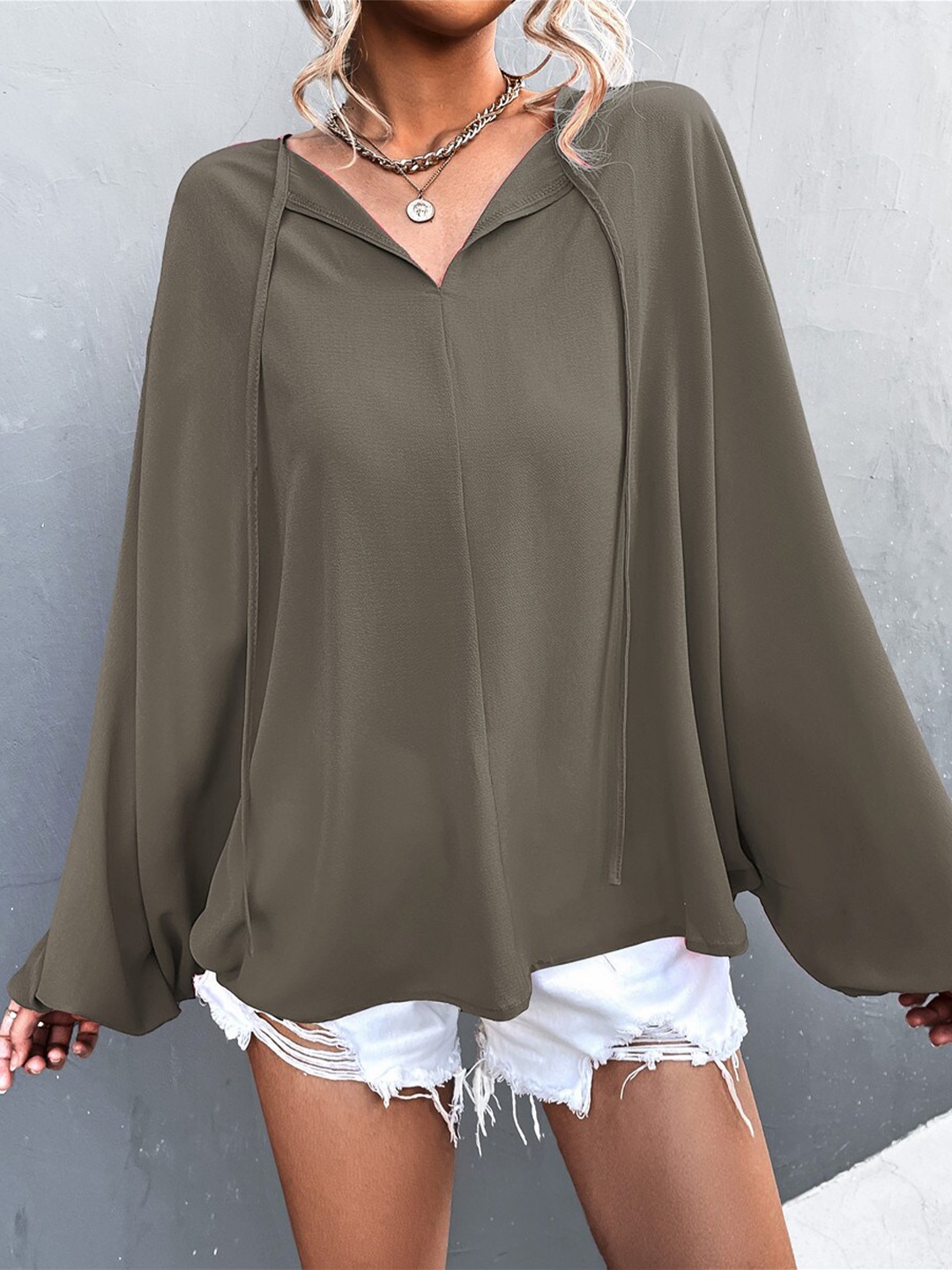 

BoStreet Women Khaki Tie-Up Neck Solid Top