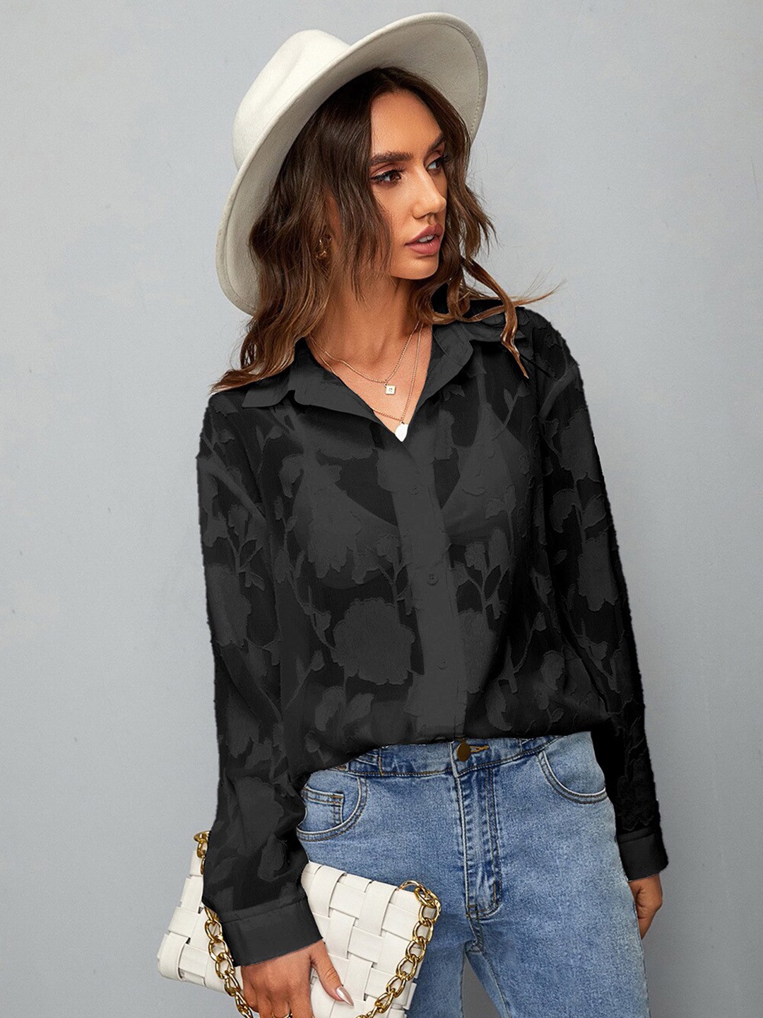 

BoStreet Women Black Self-Design Sheer Shirt Style Top