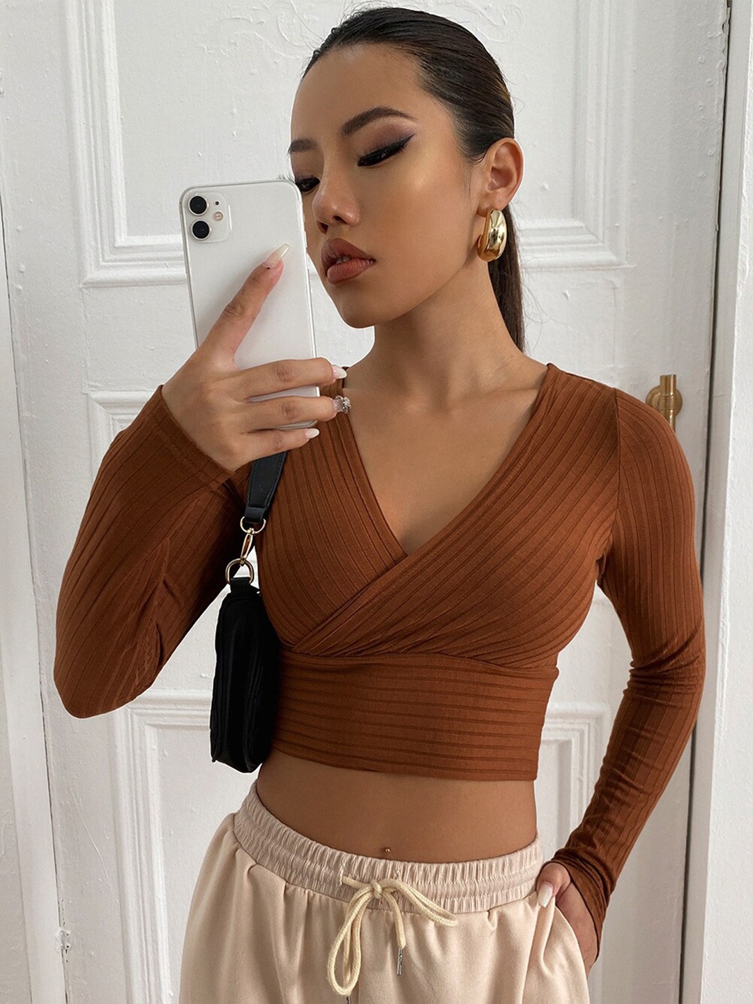 

BoStreet Women Brown Wrap Crop Top