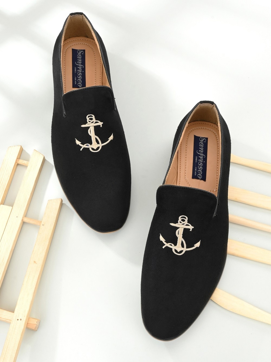 

San Frissco Men Black Woven Design Slip-On Leather Sneakers
