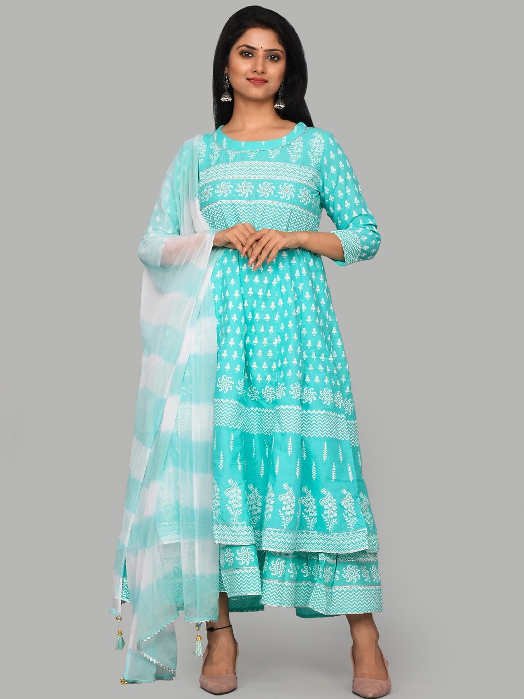 

Mishpra Blue & White Printed Ethnic Dress With Dupatta