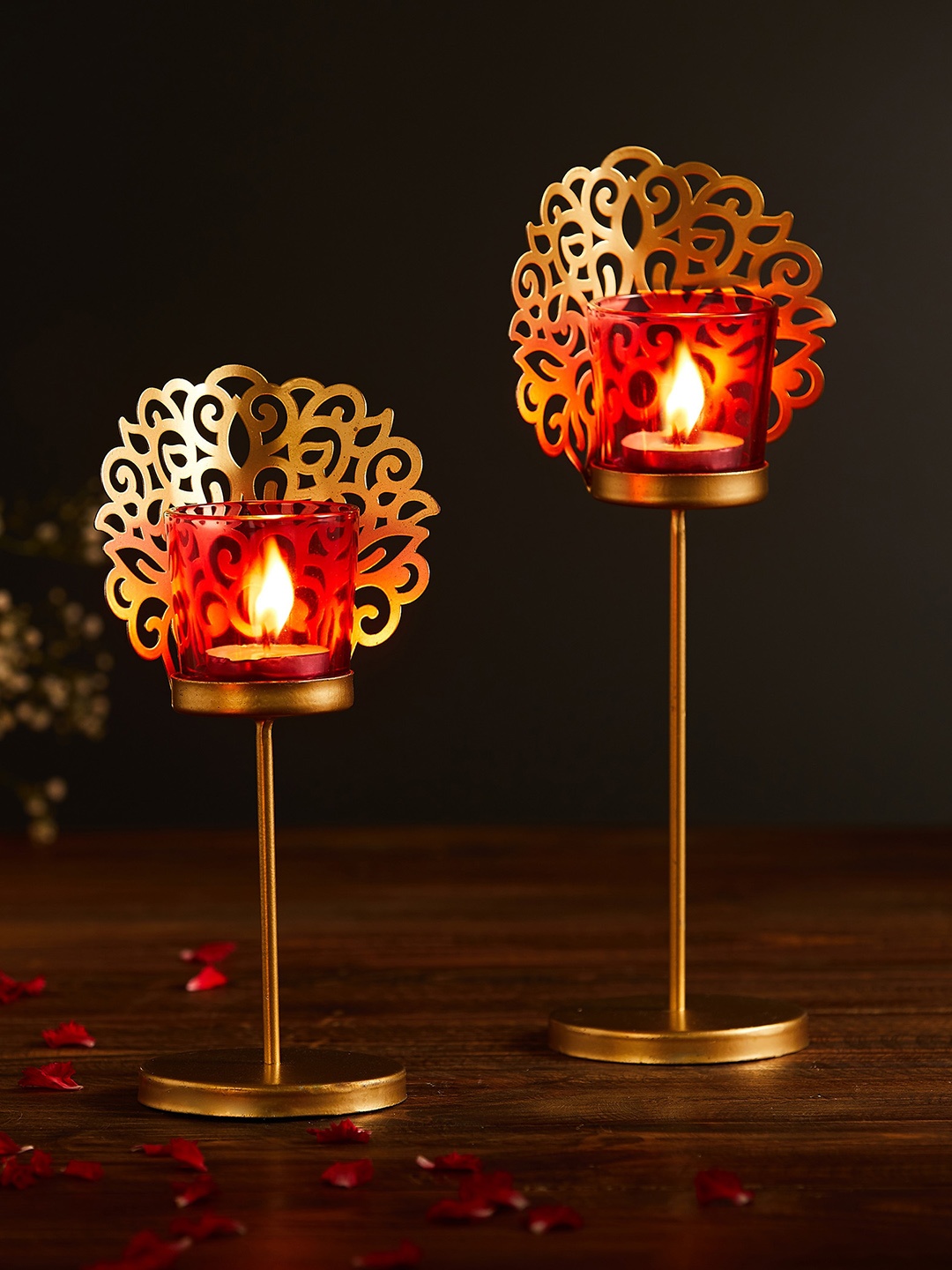 

Home Centre Set Of 2 Gold-Toned & Pink Textured T-Light Candle Holders