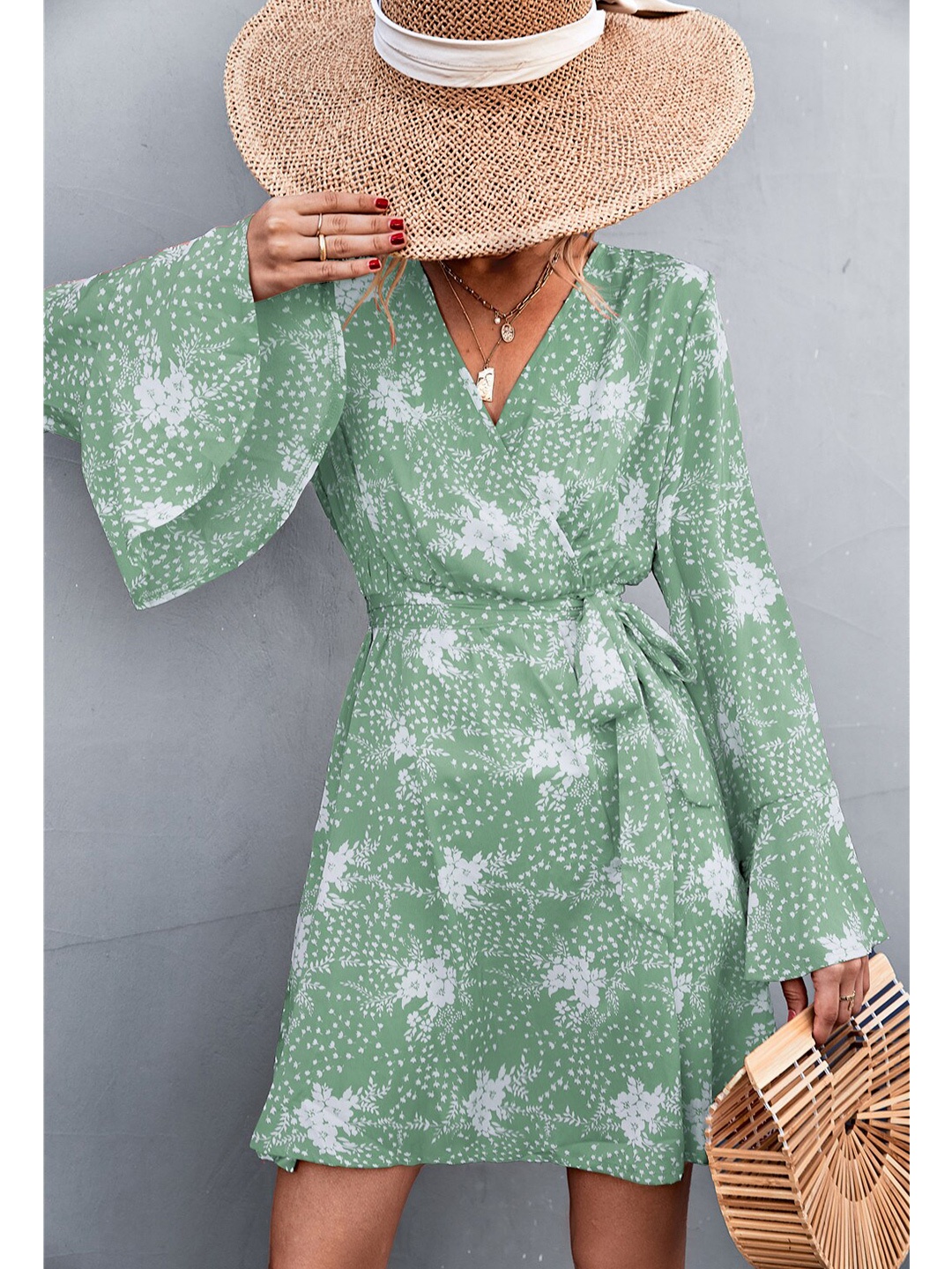 

BoStreet Green Floral Wrap Dress