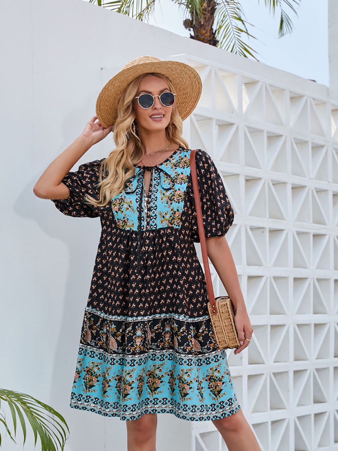 

BoStreet Black Floral Tie-Up Neck A-Line Dress