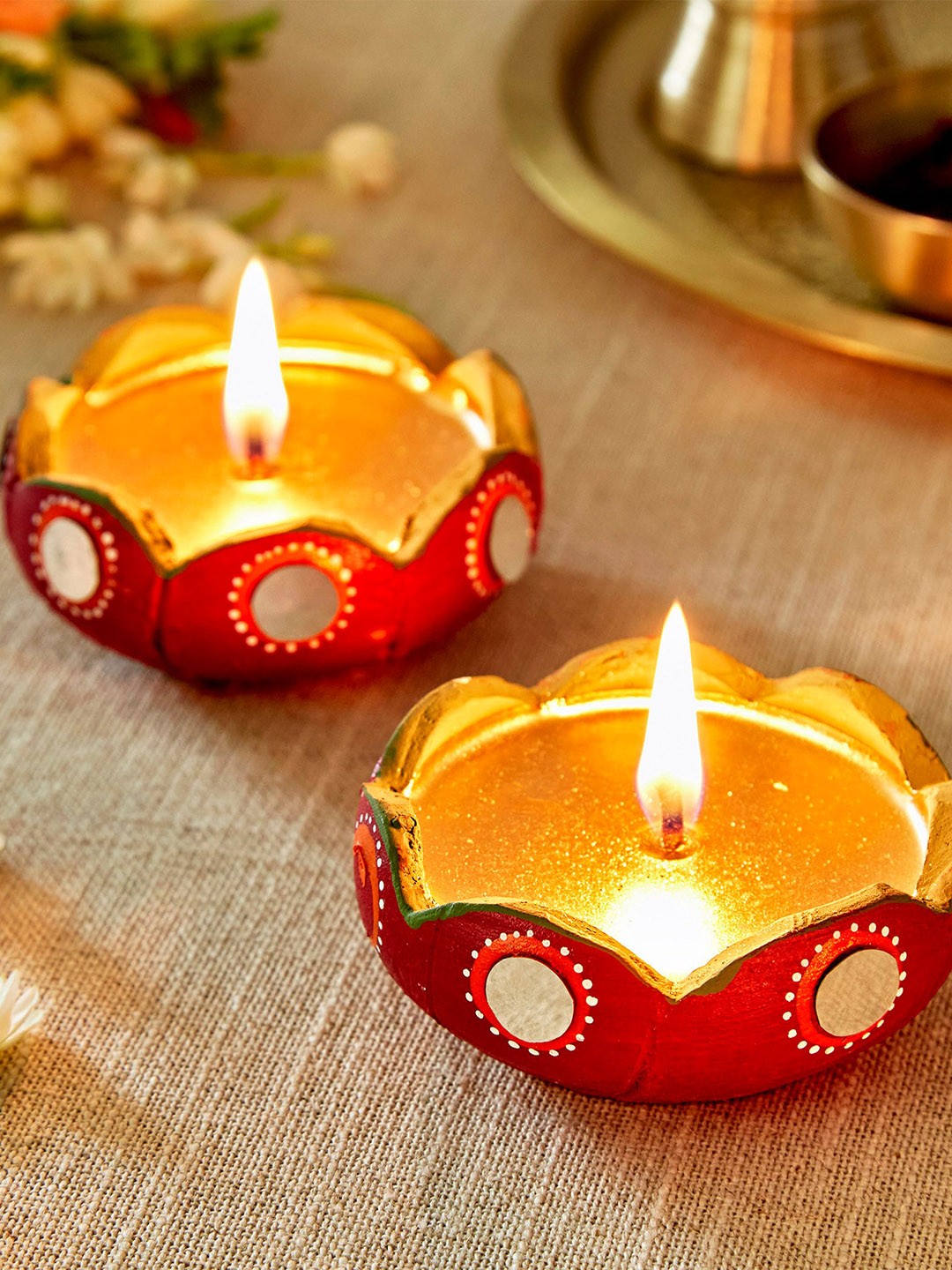 

Home Centre Set Of 2 Red Embellished Terracotta Clay Kamal Diya
