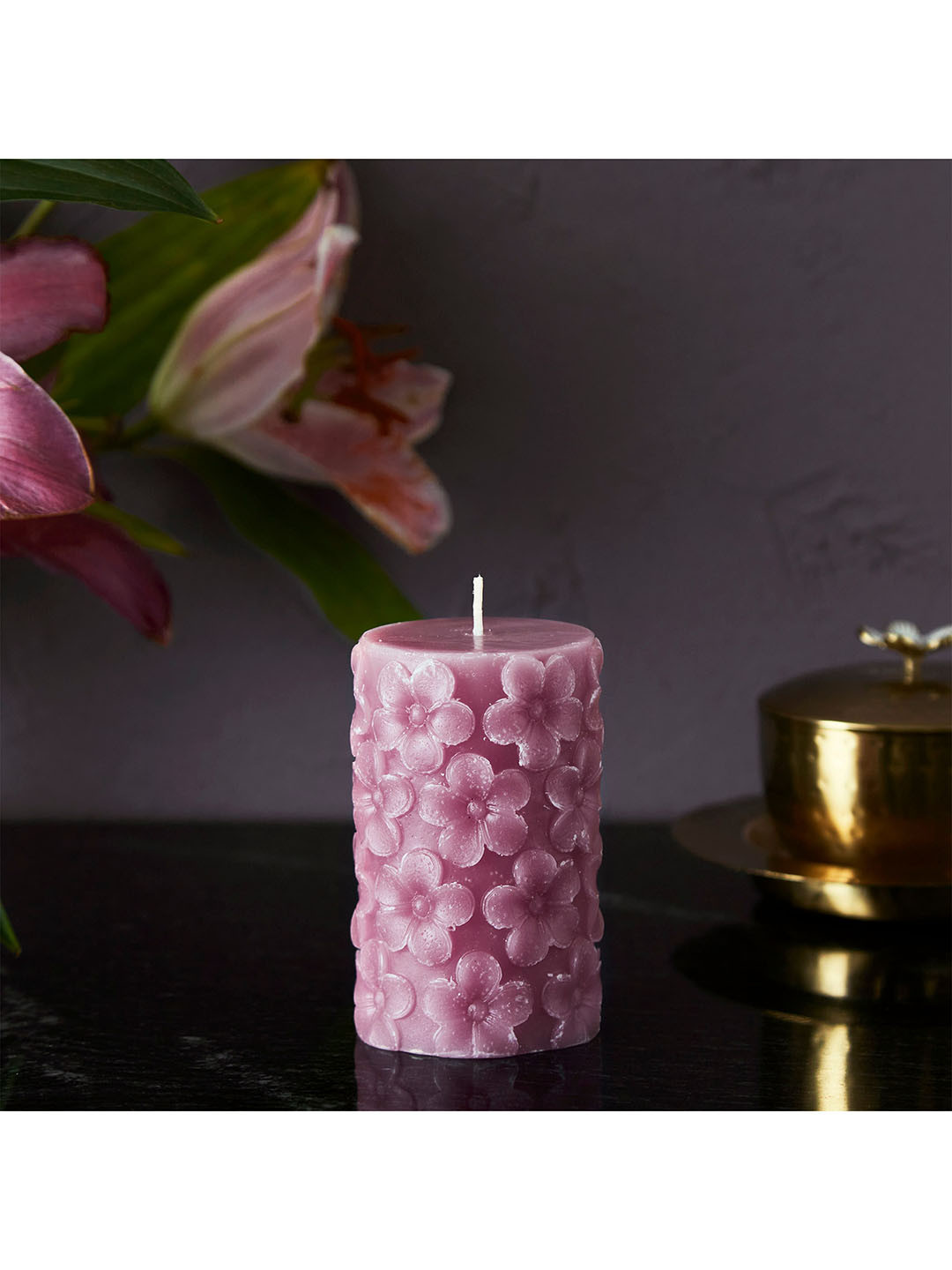 

Home Centre Lavender Air Freshener Floral Wax Embossed Pillar Candle