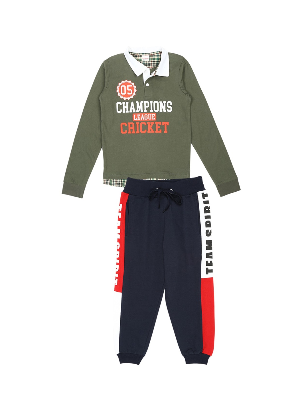 

RAINE AND JAINE Boys Khaki & Navy Blue Printed Cotton T-shirt with Trousers