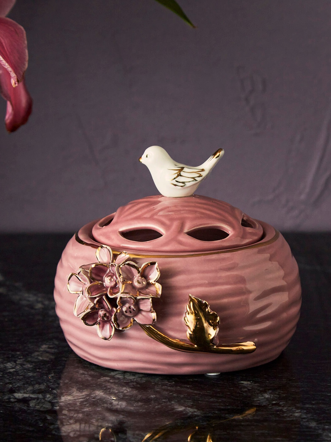 

Home Centre Pink Textured Ceramic Decorative Canister With Bird Lid