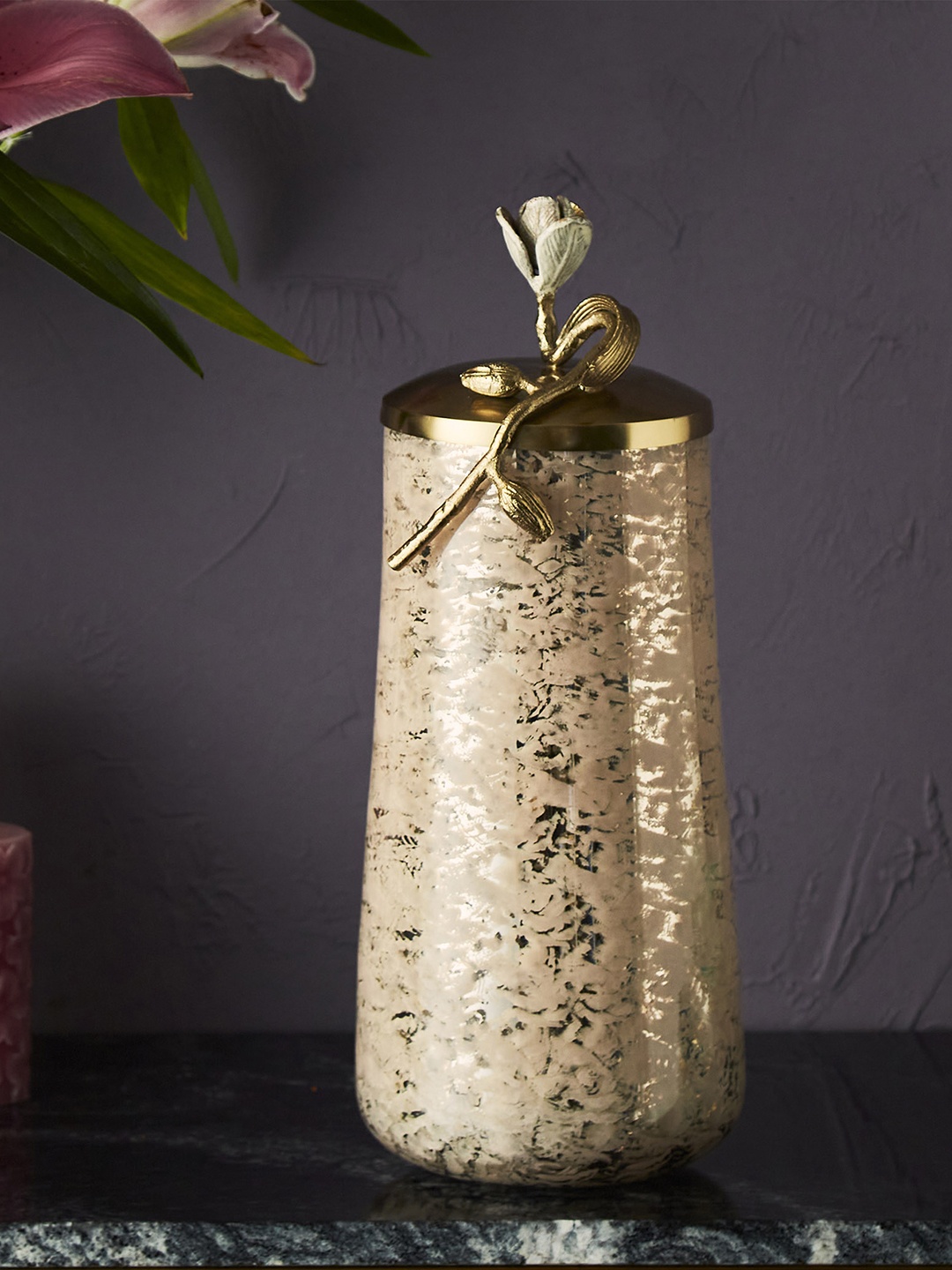 

Home Centre Gold & Pink Textured Decorative Glass Canister