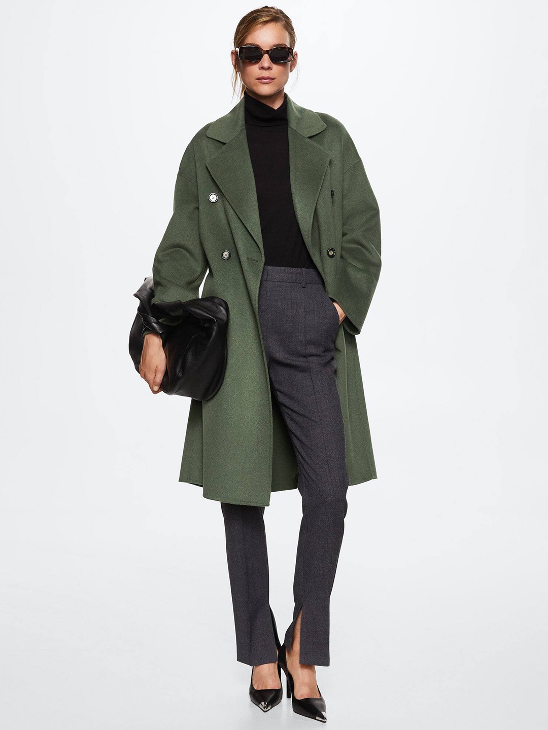 

MANGO Women Olive Green Solid Oversized Longline Overcoat