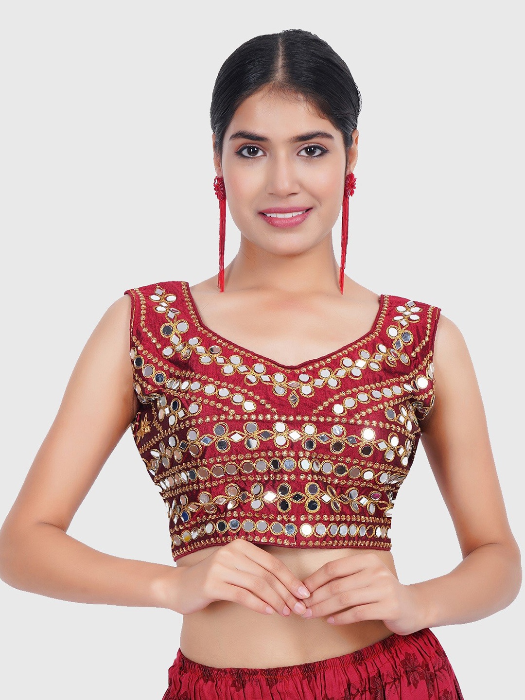 

Trendzmy Women Maroon & Golden Embroidered Silk Saree Blouse