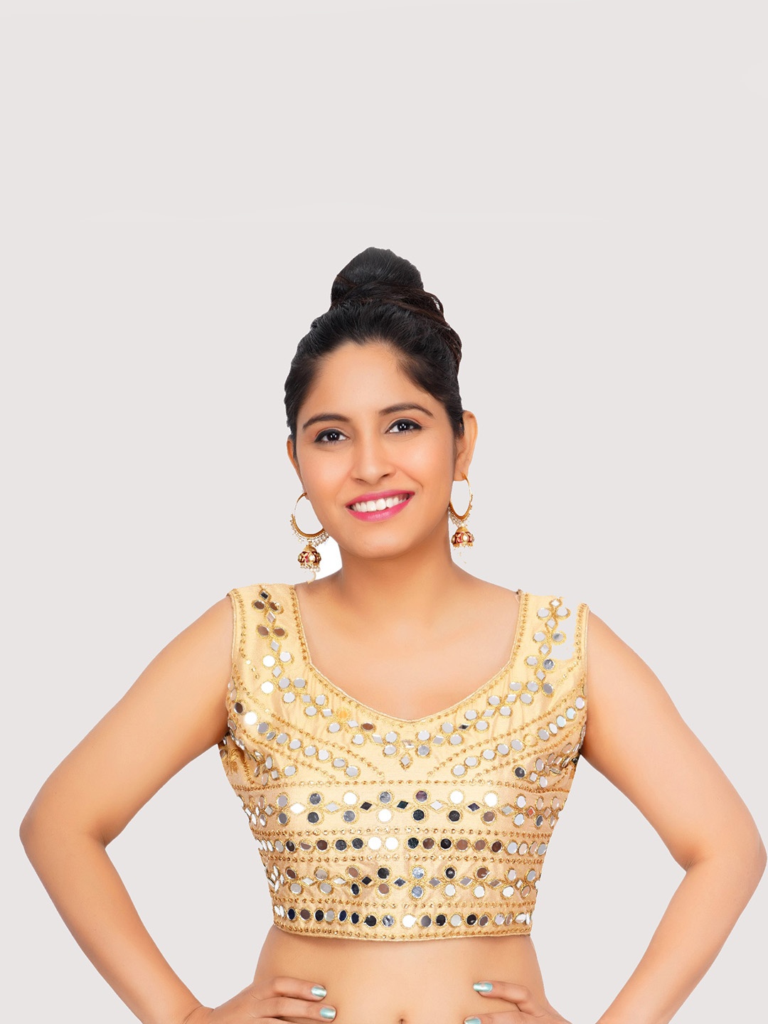 

Trendzmy Women Beige & Golden Embroidered Silk Saree Blouse