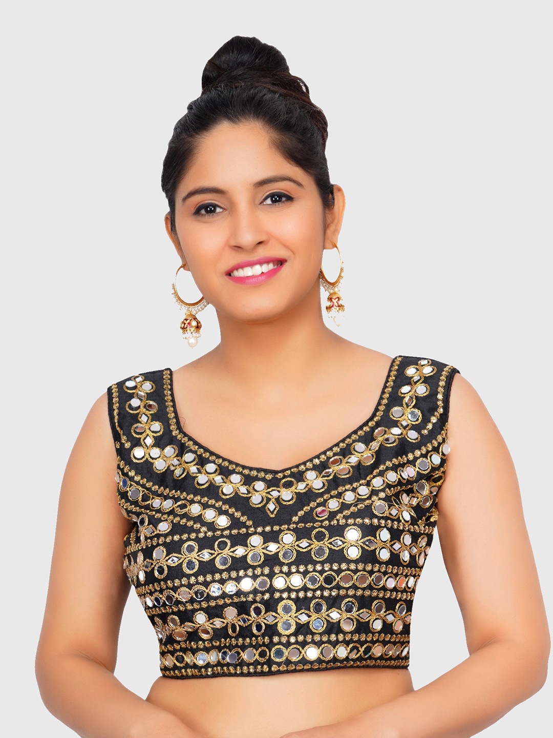

Trendzmy Women Black & Golden Embroidered Silk Saree Blouse