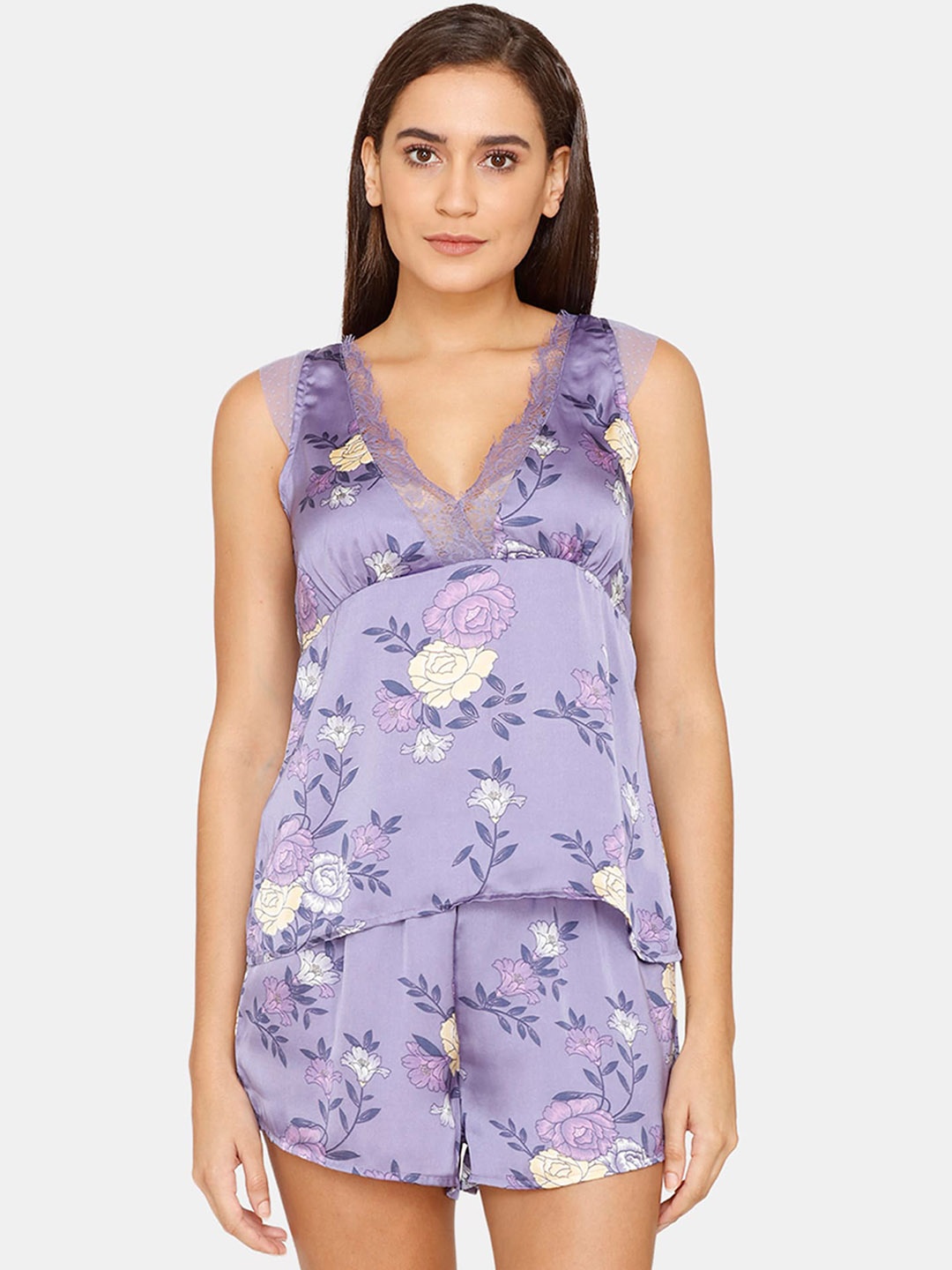 

Zivame Women Purple & White Printed Night suit