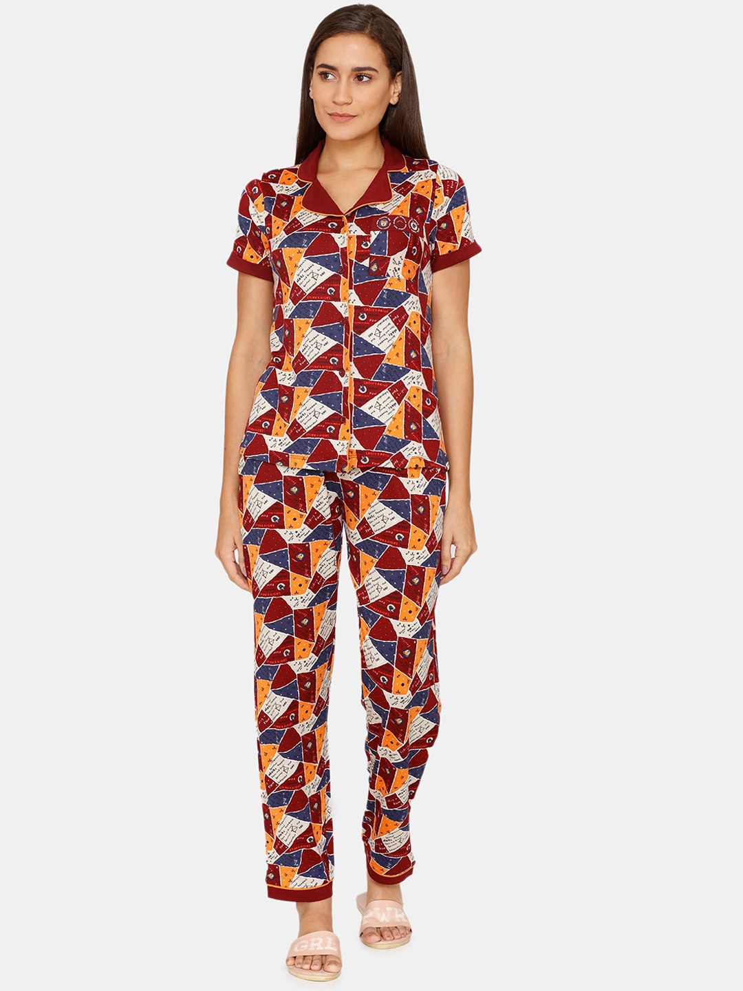 

Zivame Women Red & Orange Printed Night suit