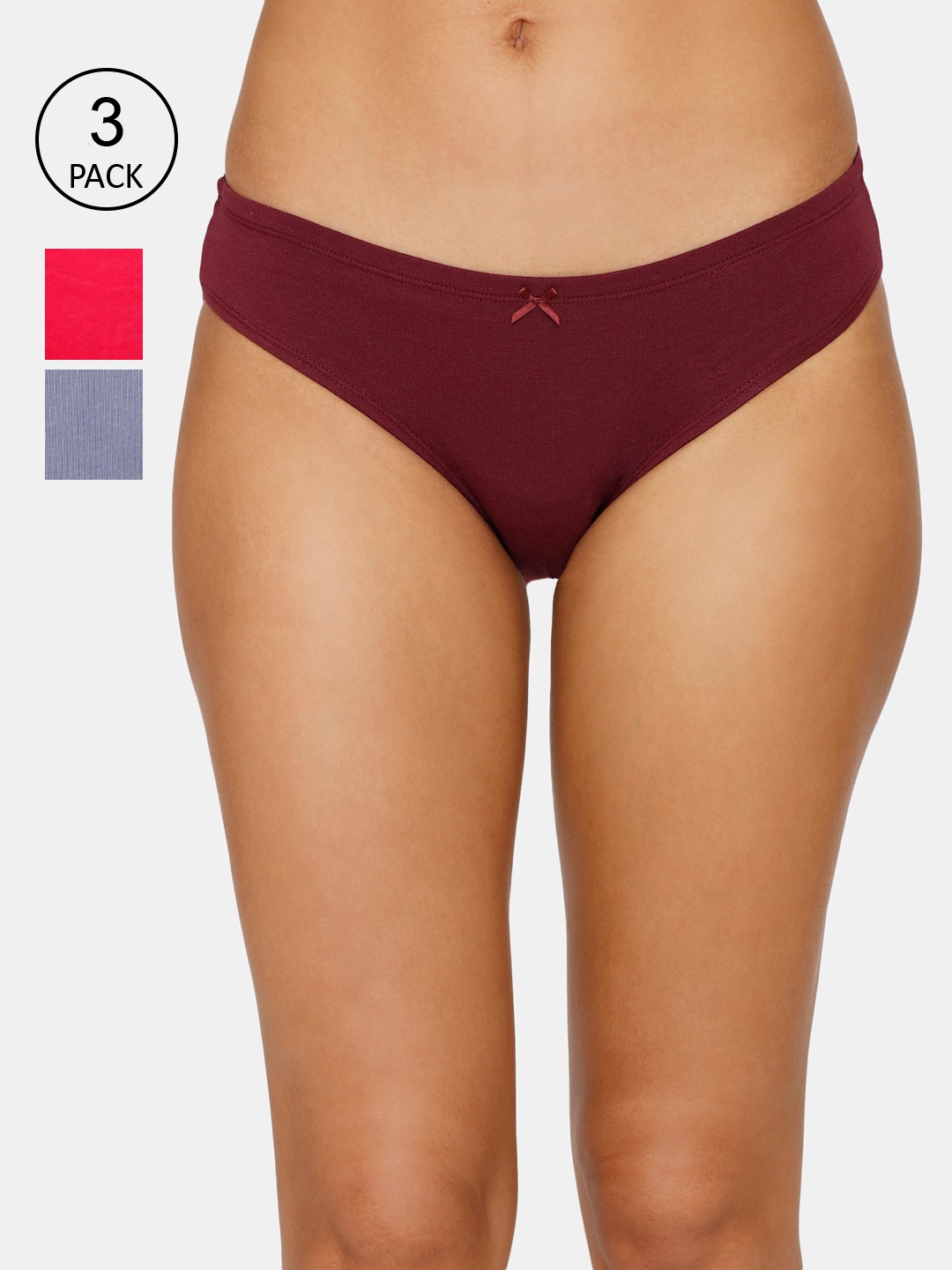 

Zivame Women Pack of 3 Maroon & Red Solid Cotton Bikini Brief