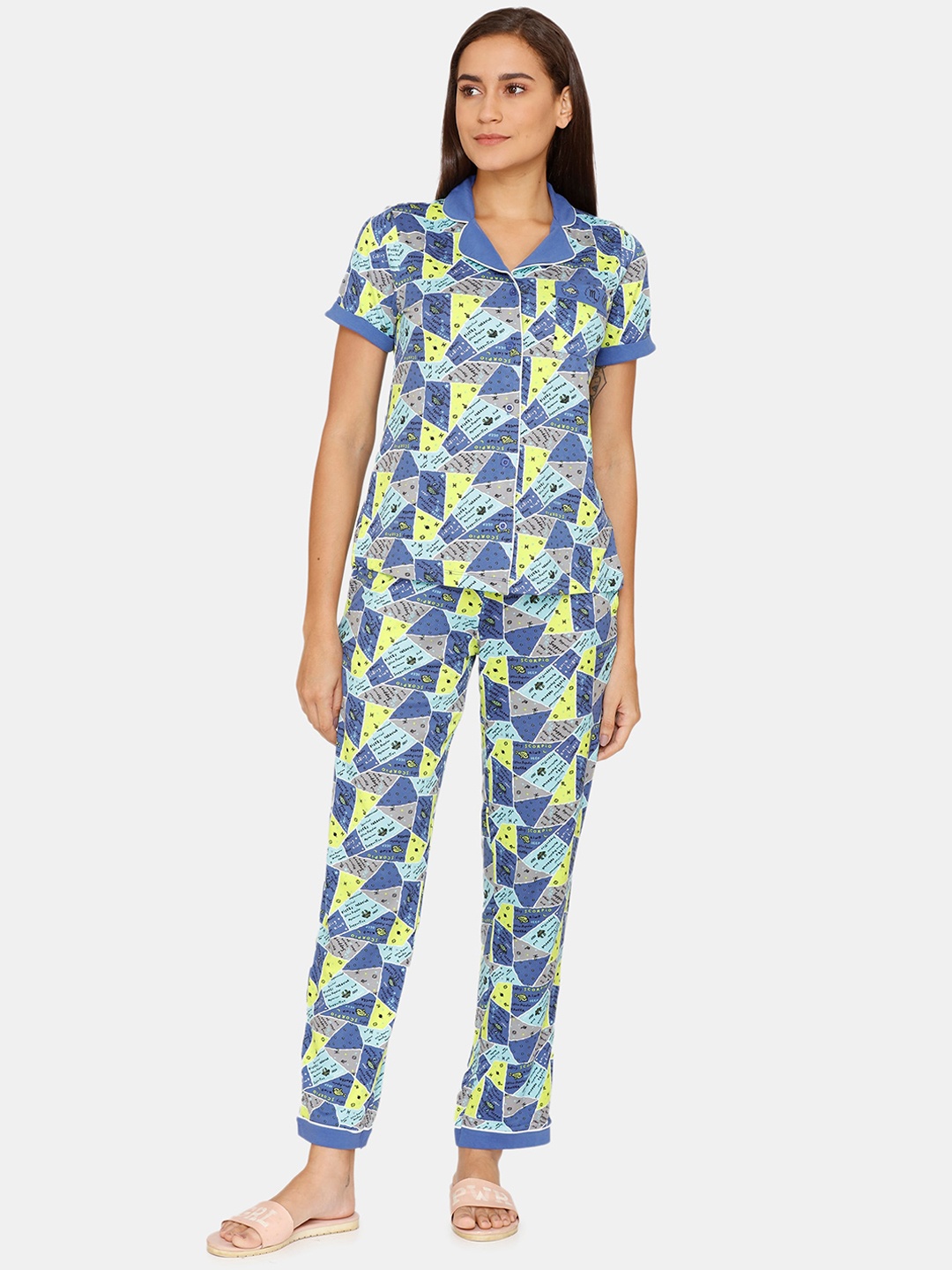 

Zivame Women Blue & Grey Printed Night suit