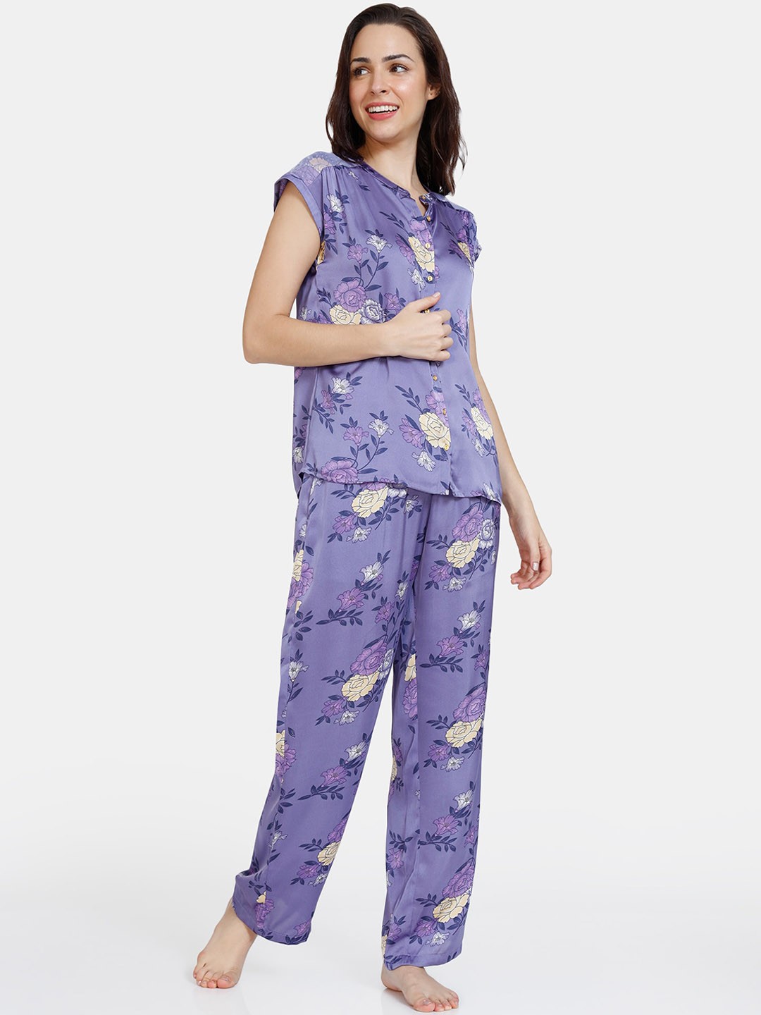 

Zivame Women Purple & White Printed Night suit