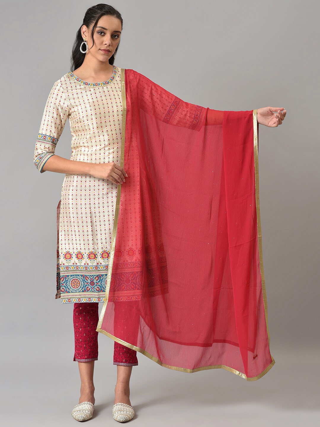 

W Red Dupatta with Beads and Stones