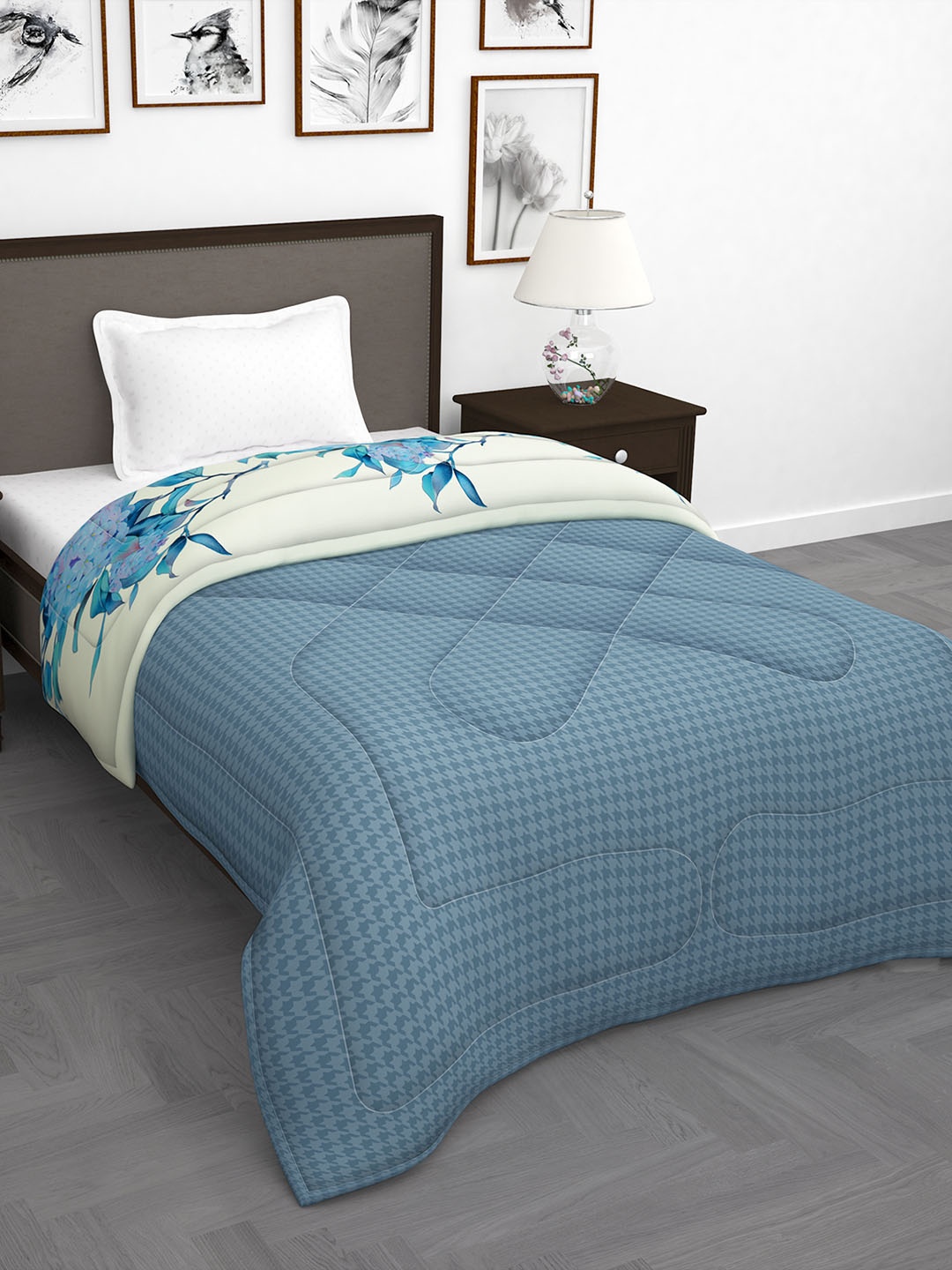 

Story@home Cream-Coloured & Blue Floral 180 GSM Reversible Single Bed Comforter