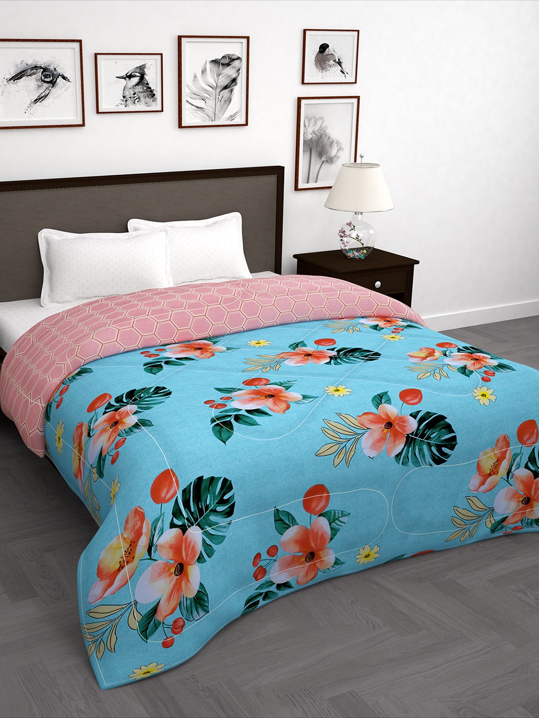 

Story@home Pink & Blue Floral 180 GSM AC Room Reversible Double Bed Comforter