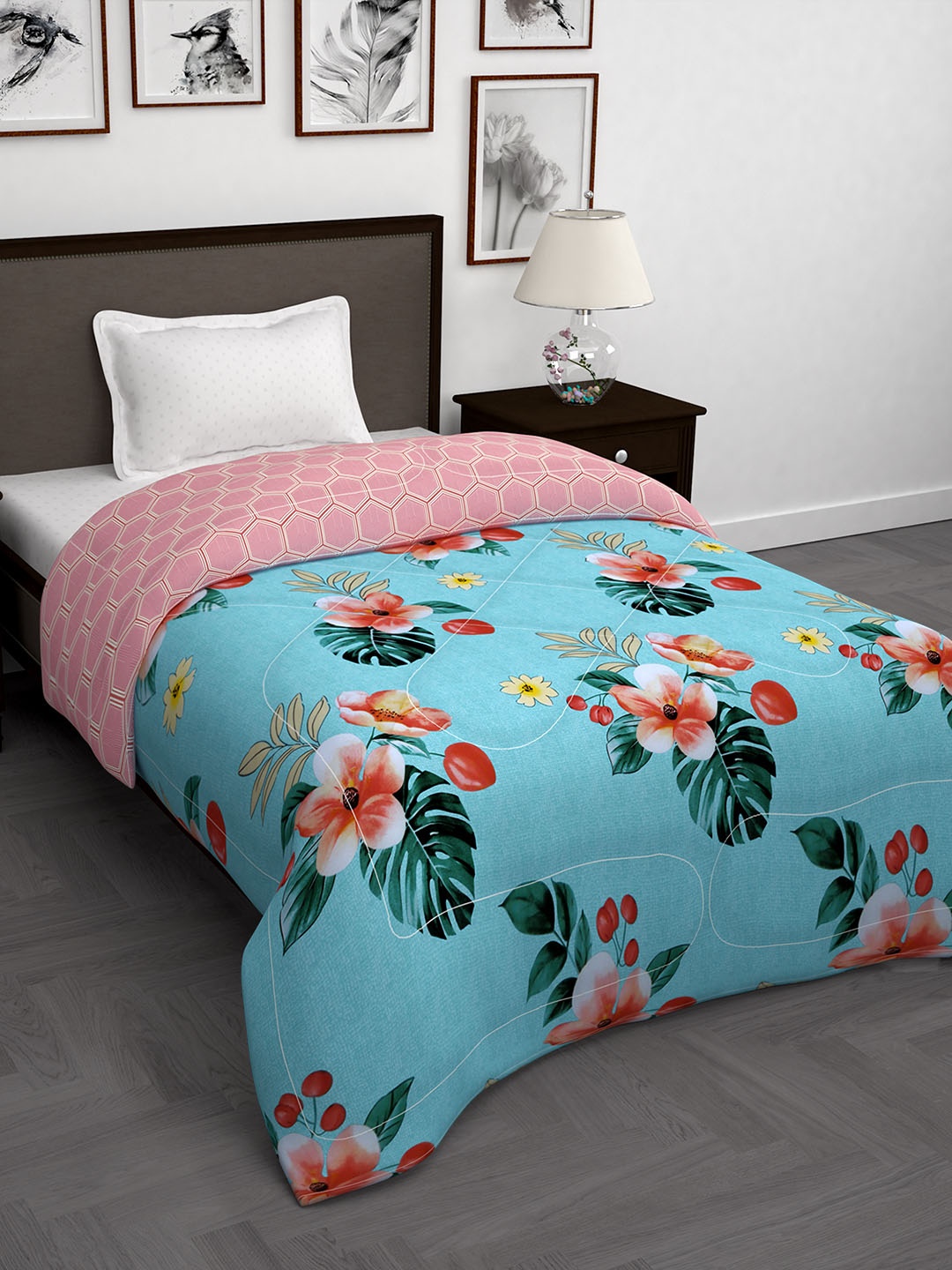 

Story@home Pink & Blue Floral 180 GSM AC Room Reversible Single Bed Comforter