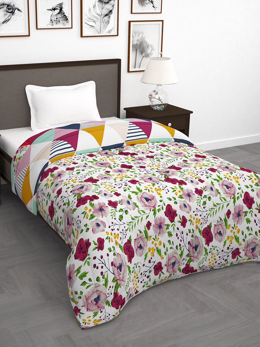 

Story@home White & Pink Floral 180 GSM AC Room Reversible Single Bed Comforter