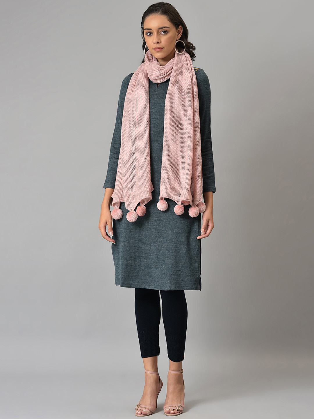 

W Women Pink Solid Knitted Shawl