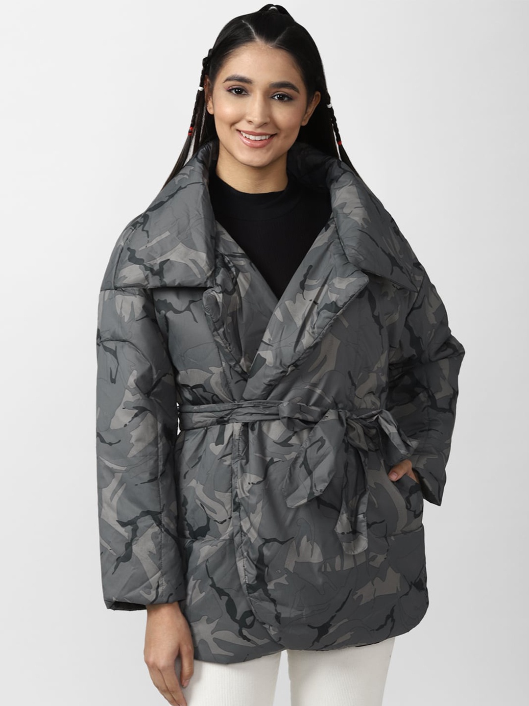 

FOREVER 21 Women Grey Camouflage Longline Parka Jacket