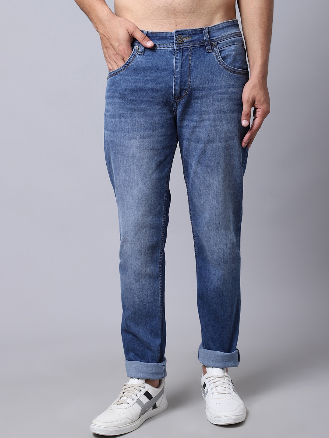 

Cantabil Men Blue Low Distress Light Fade Jeans