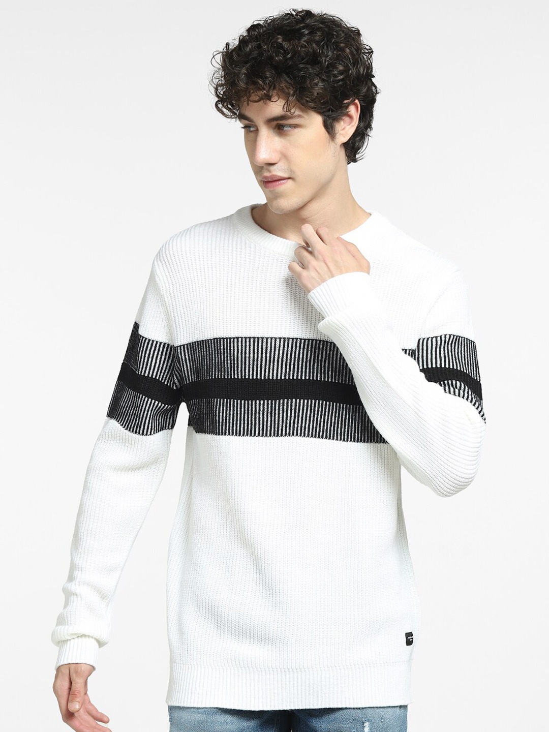

Jack & Jones Men White & Black Striped Pullover