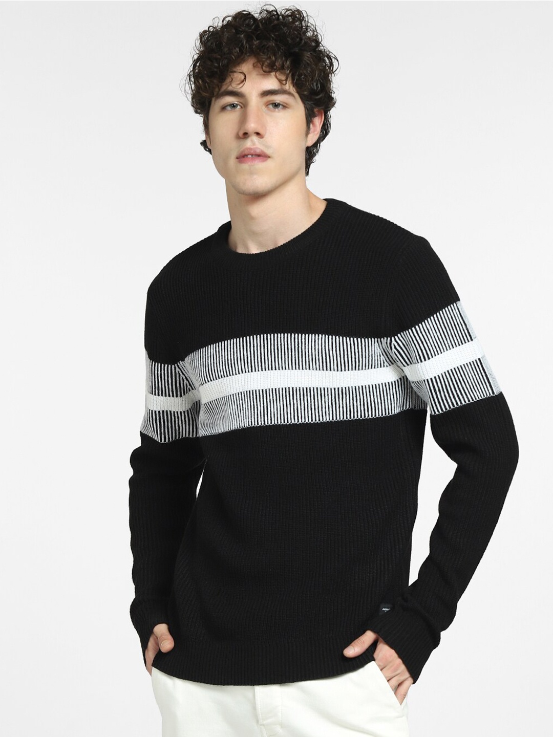 

Jack & Jones Men Black & Grey Striped Pullover