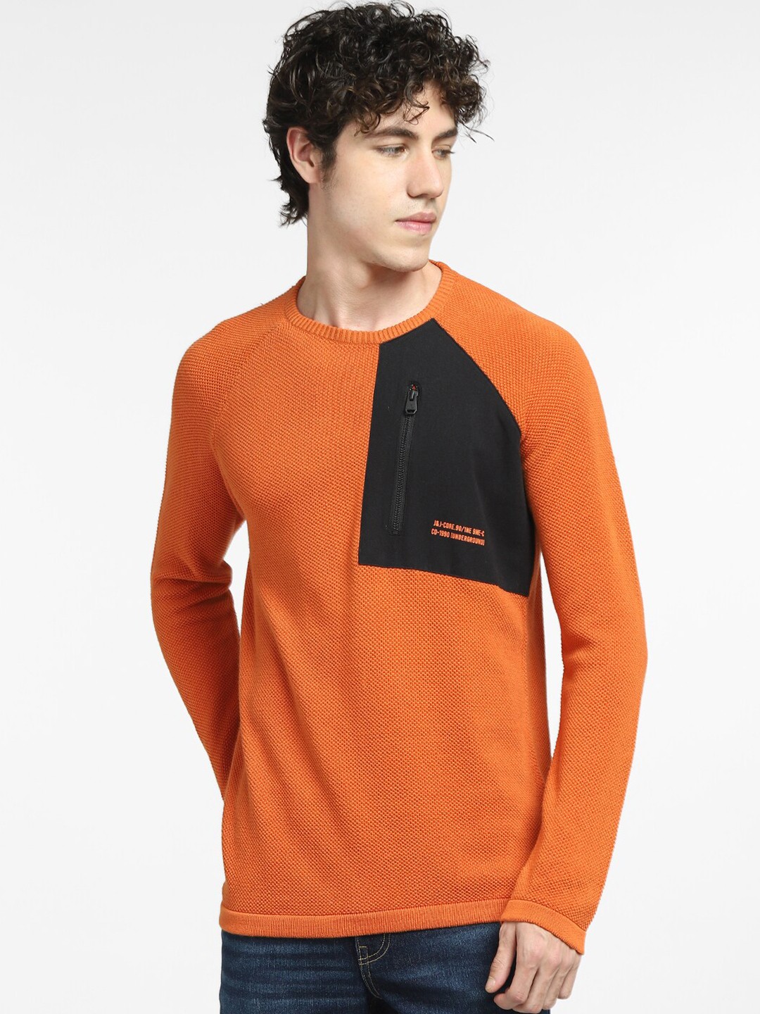 

Jack & Jones Men Orange & Blue Colourblocked Pullover with Zip Detail