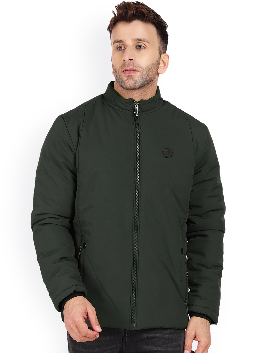 

AD & AV Men Olive Green Water Resistant Puffer Jacket with Patchwork