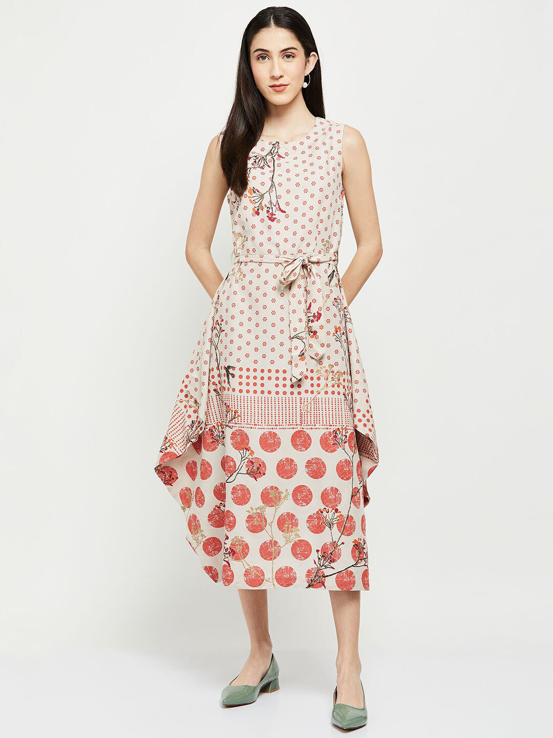 

Max Beige & Orange Floral A-Line Midi Dress