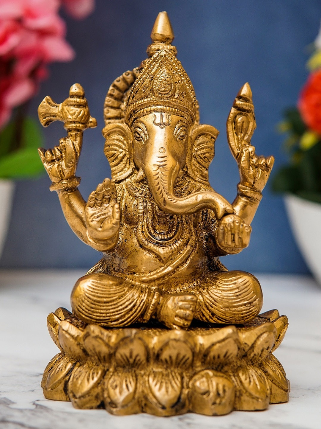 

StatueStudio Gold-Toned Ganesha Sitting On Lotus Idol Showpieces