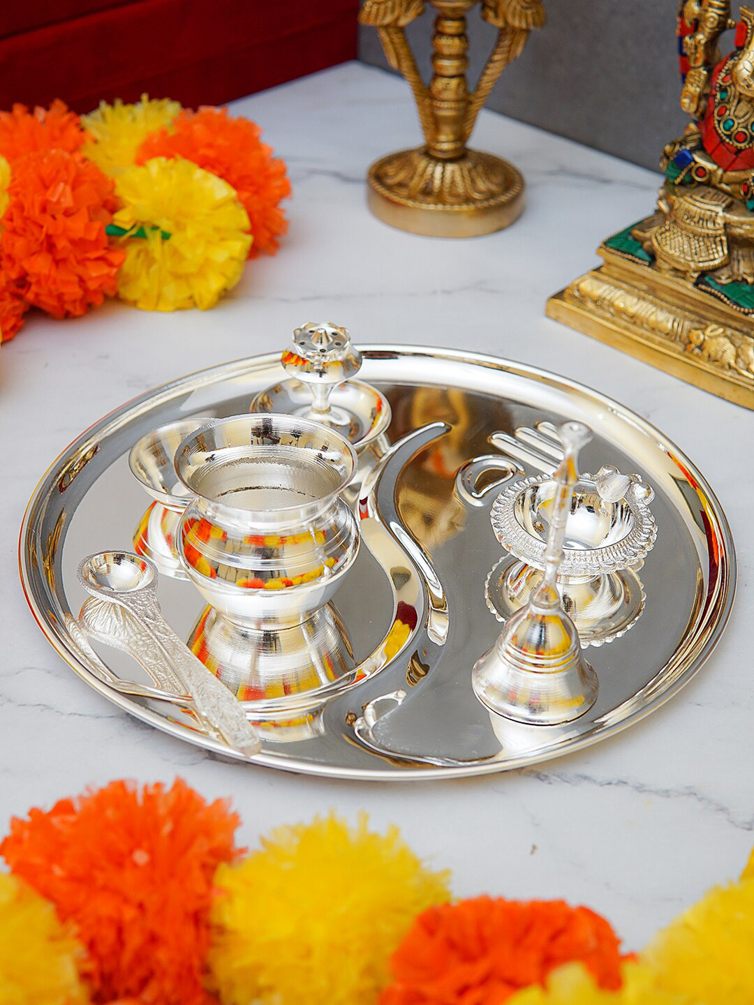 

StatueStudio Silver-Toned Solid Brass Pooja Thali Set With Diya