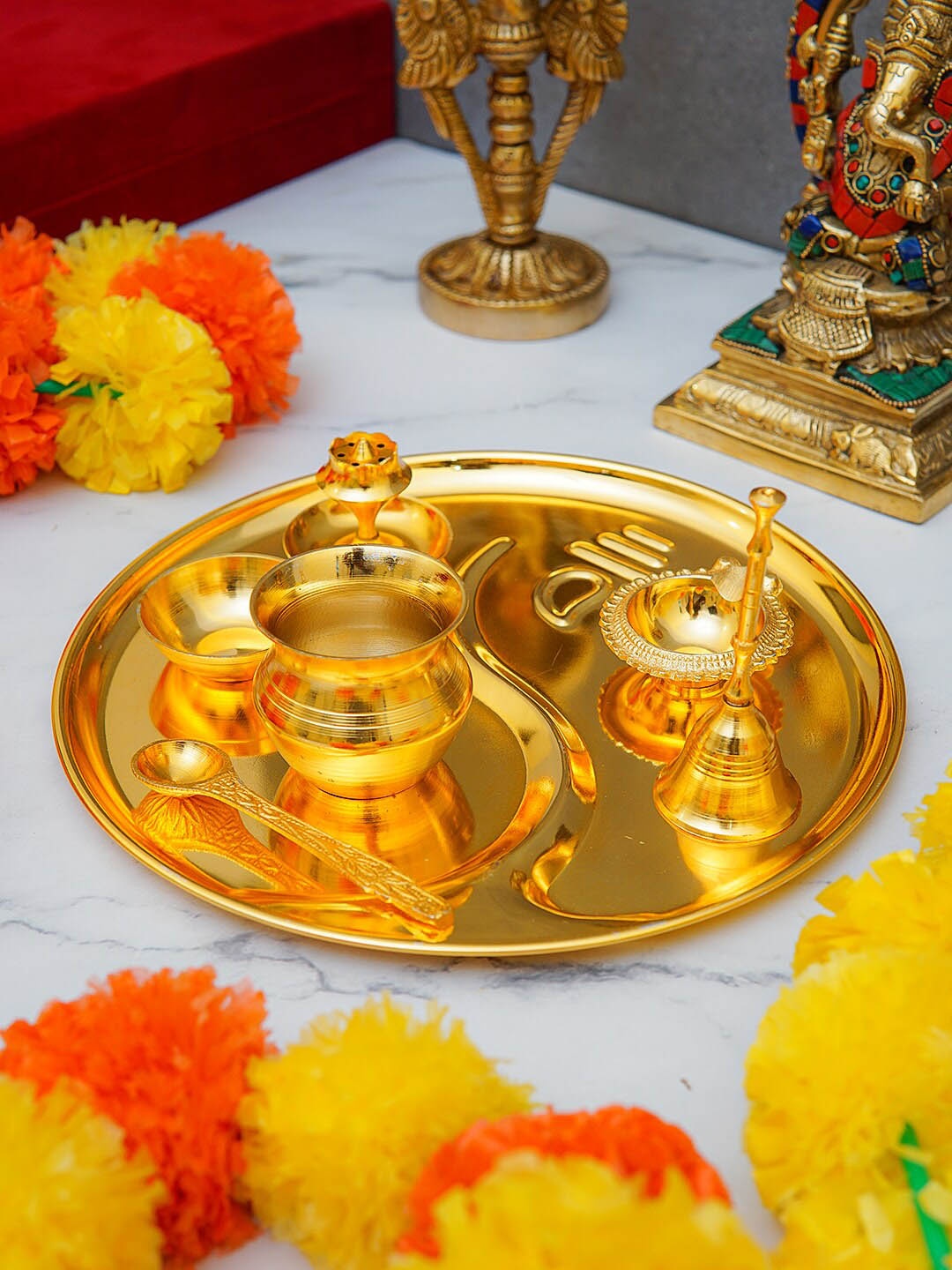 

StatueStudio Gold-Toned Solid Pooja Thali Set With Diya