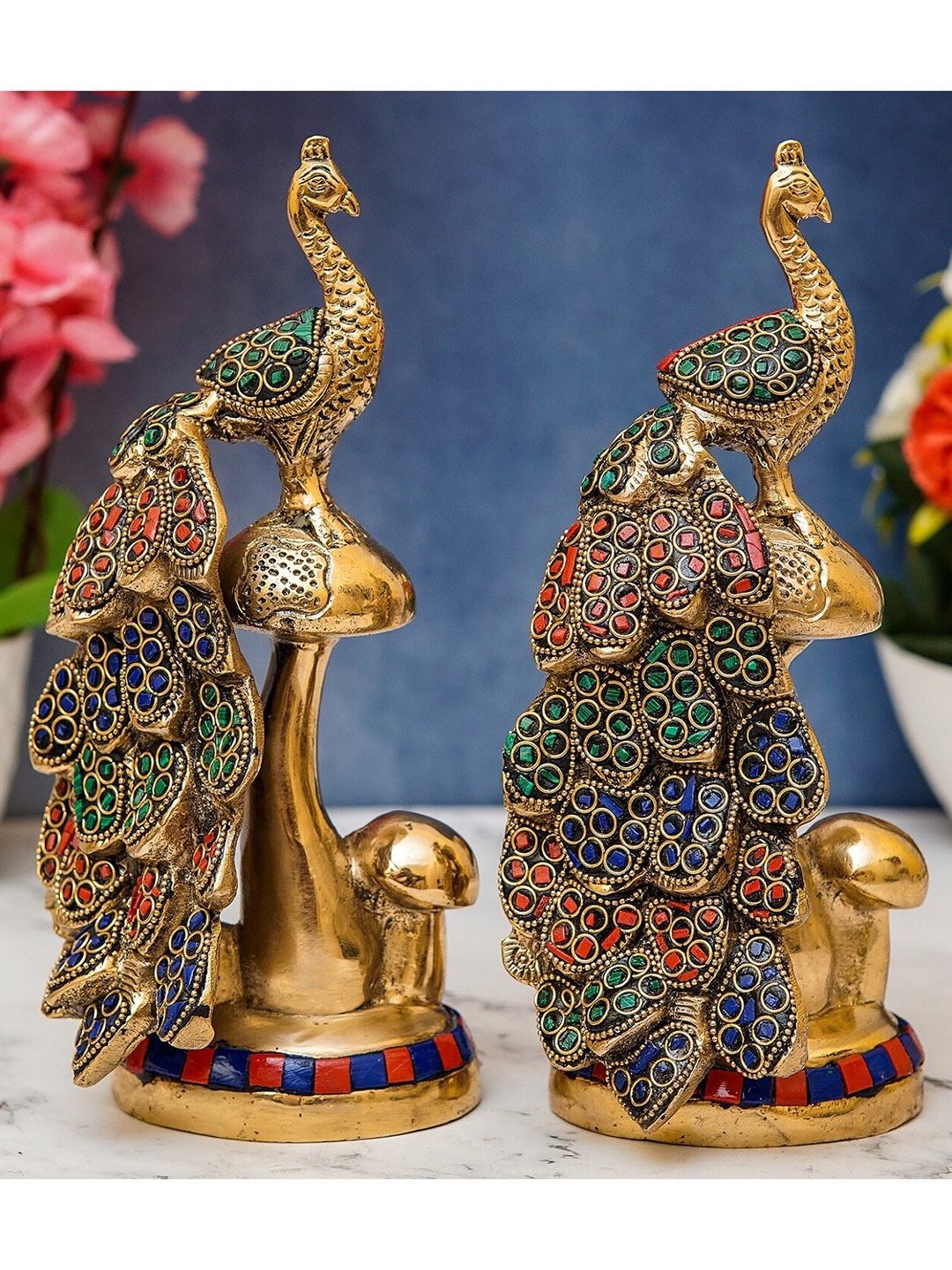 

StatueStudio Set Of 2 Gold-Toned & Green Textured Peacock Showpieces