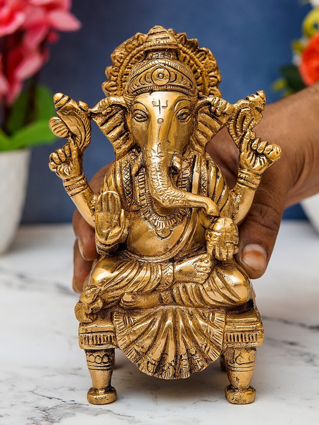 

StatueStudio Gold-Toned Ganesha Sitting On Chowki Idol Showpieces
