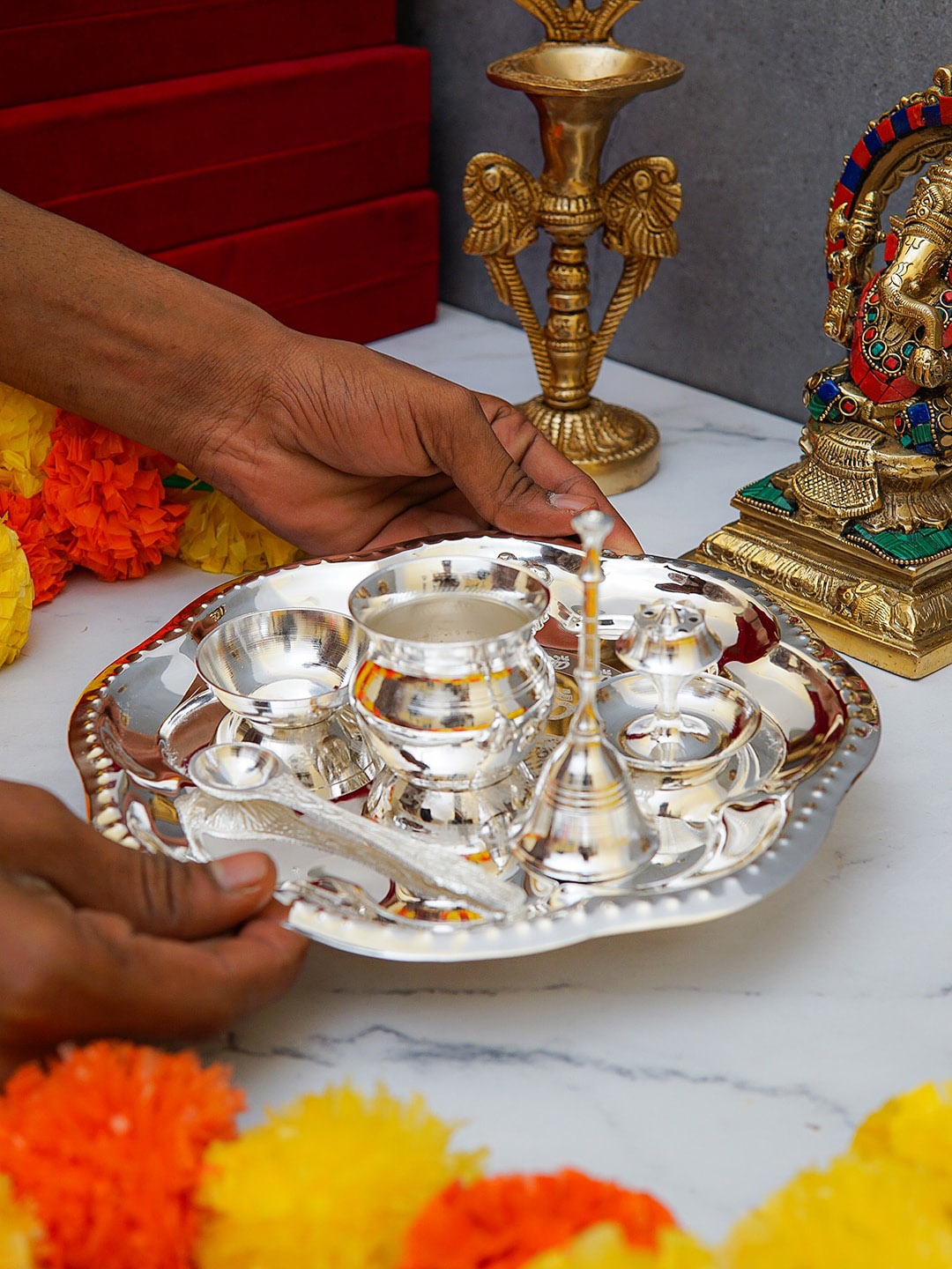 

StatueStudio Set of 7 Silver-Toned Pooja Thali With Diya