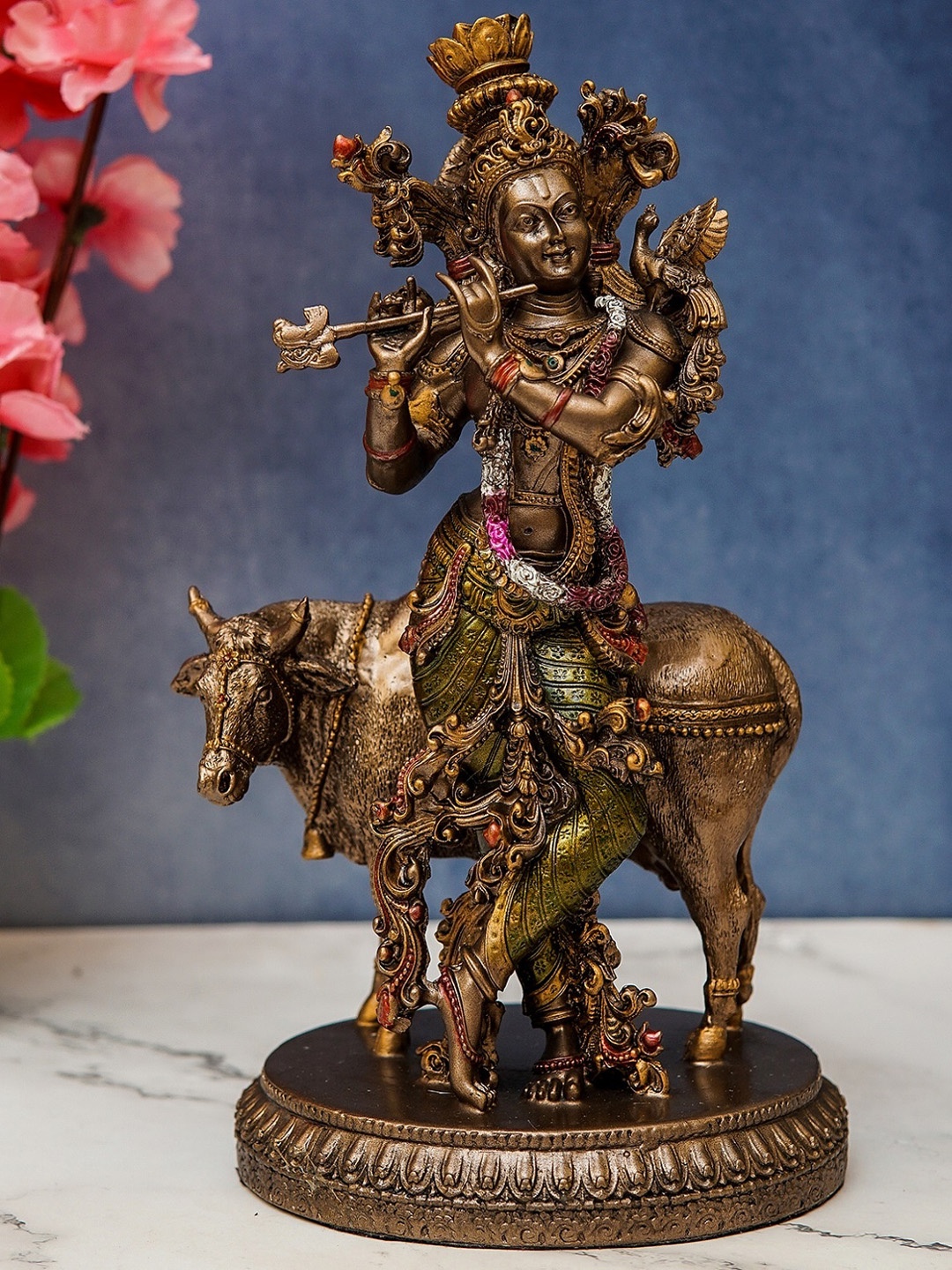 

StatueStudio Antique Gold-Toned Krishna Idol With Cow Showpiece