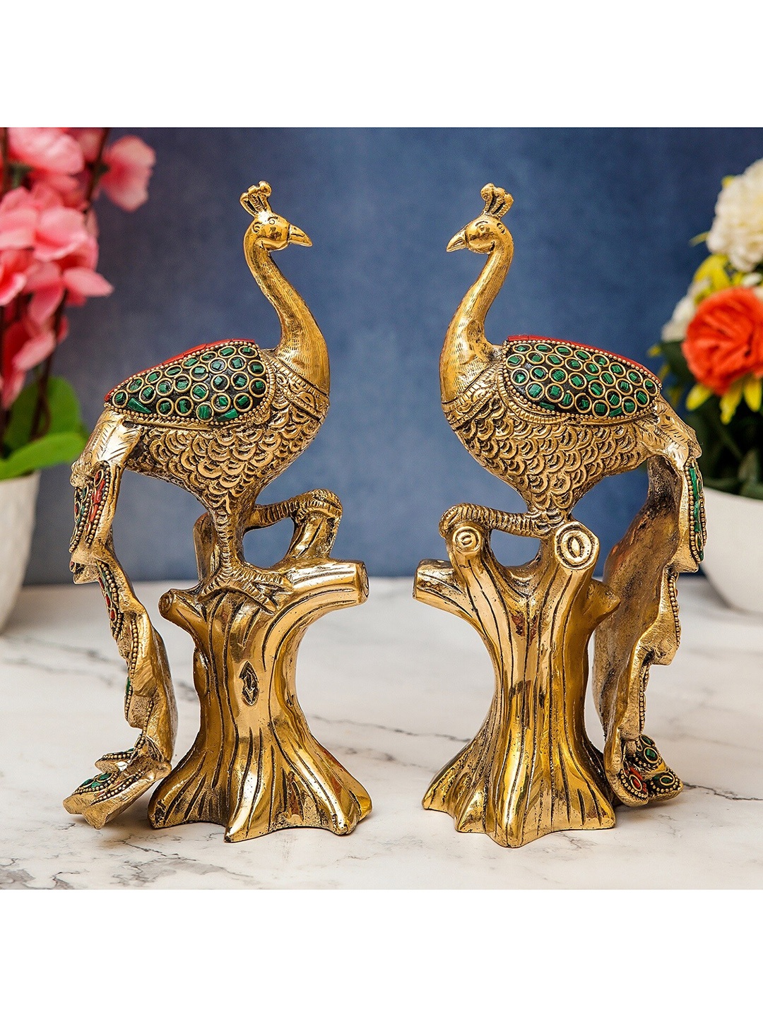 

StatueStudio Set Of 2 Gold-Toned Solid Stone Peacock Showpieces