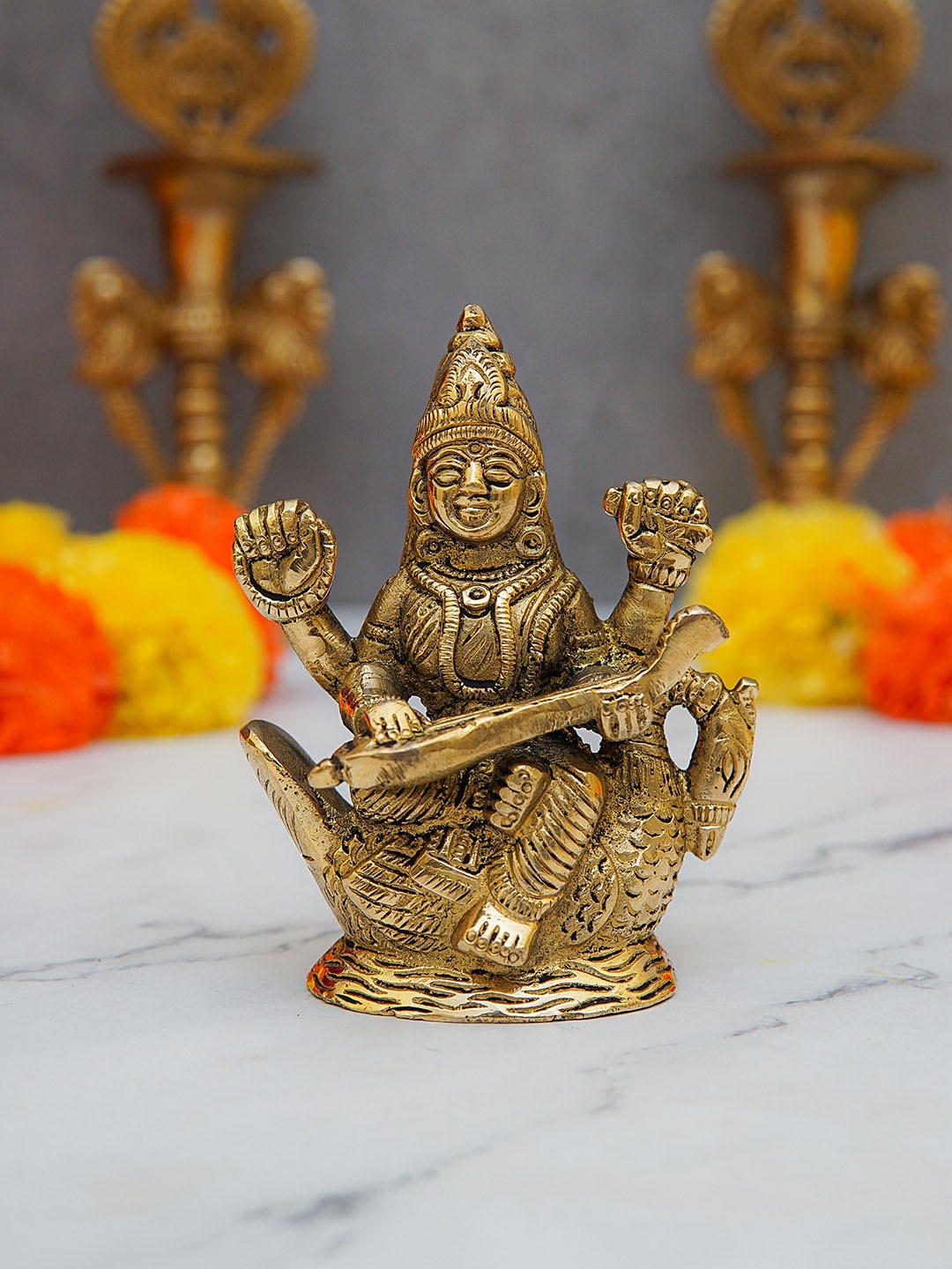 

StatueStudio Gold-Toned Textured Goddess Saraswati Idol Showpiece