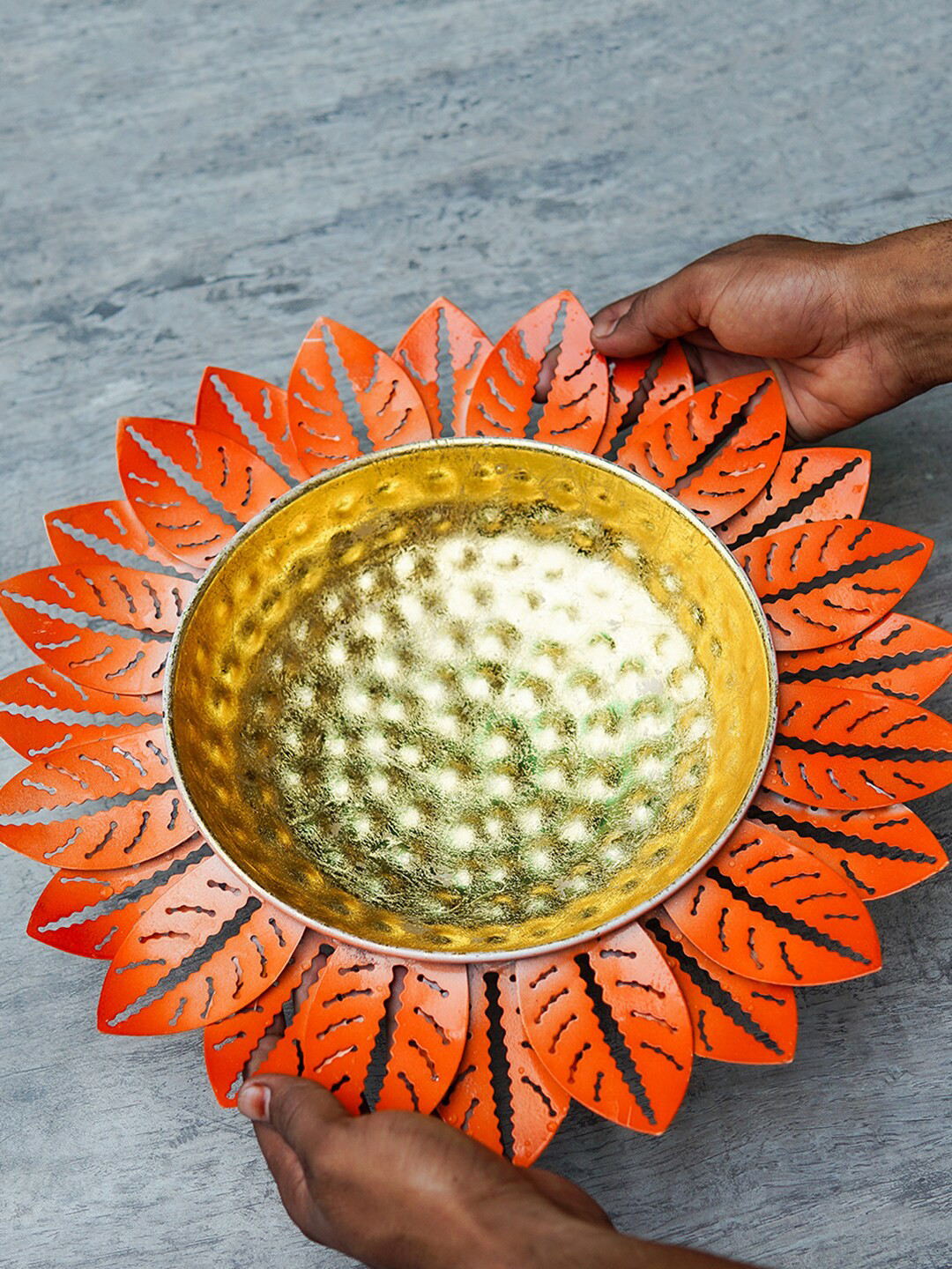 

StatueStudio Orange Floral Metal Decorative Urli Bowl