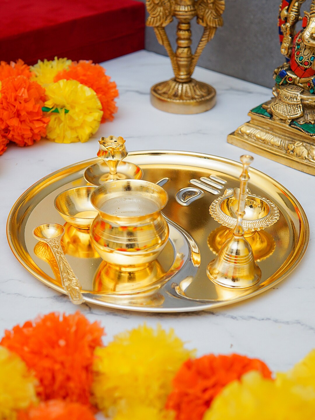 

StatueStudio Gold-Toned Pooja Thali Set With Diya