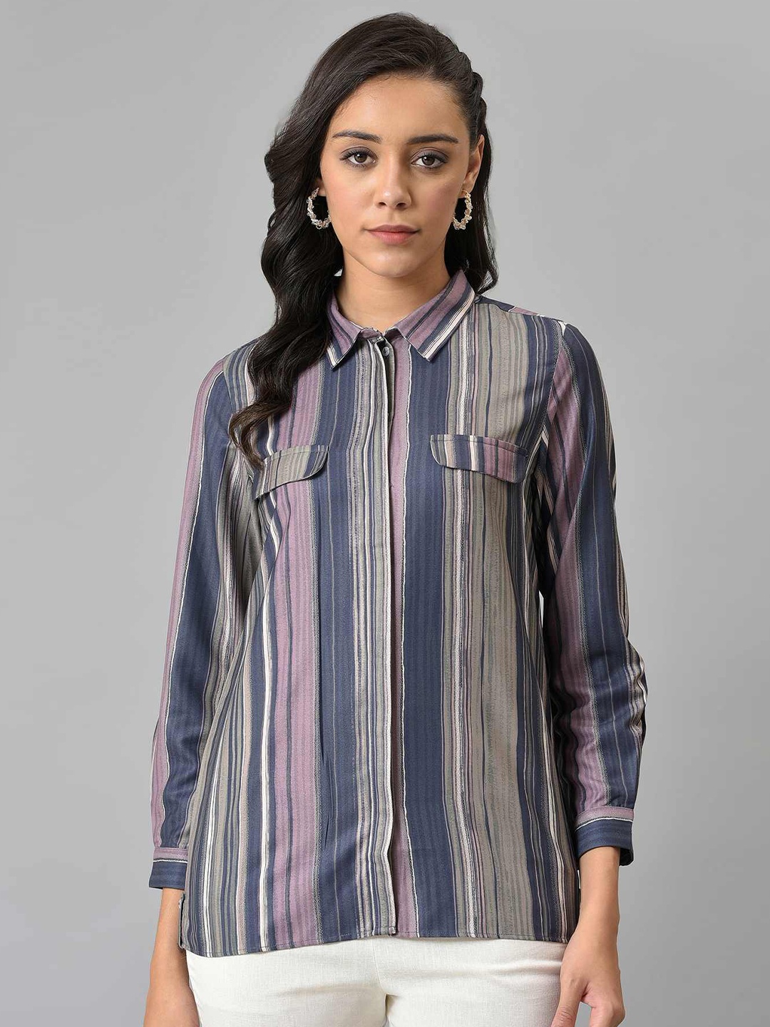 

W Women Purple Striped Shirt Style Top