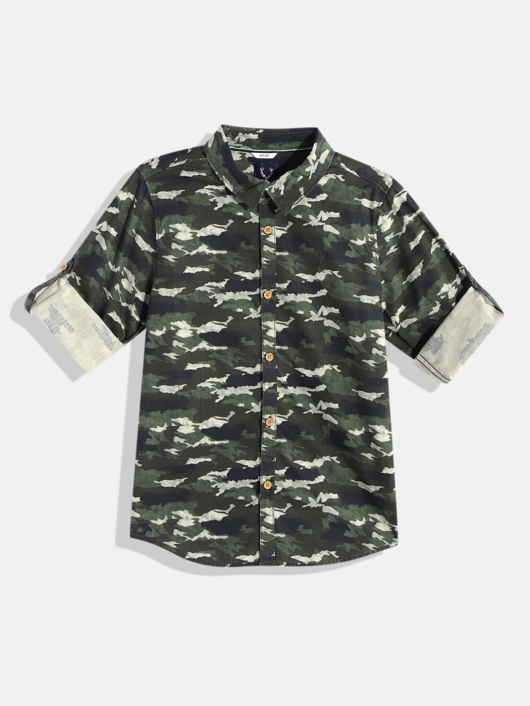 

Allen Solly Junior Boys Olive Green Camouflaged Pure Cotton Comfort Casual Shirt