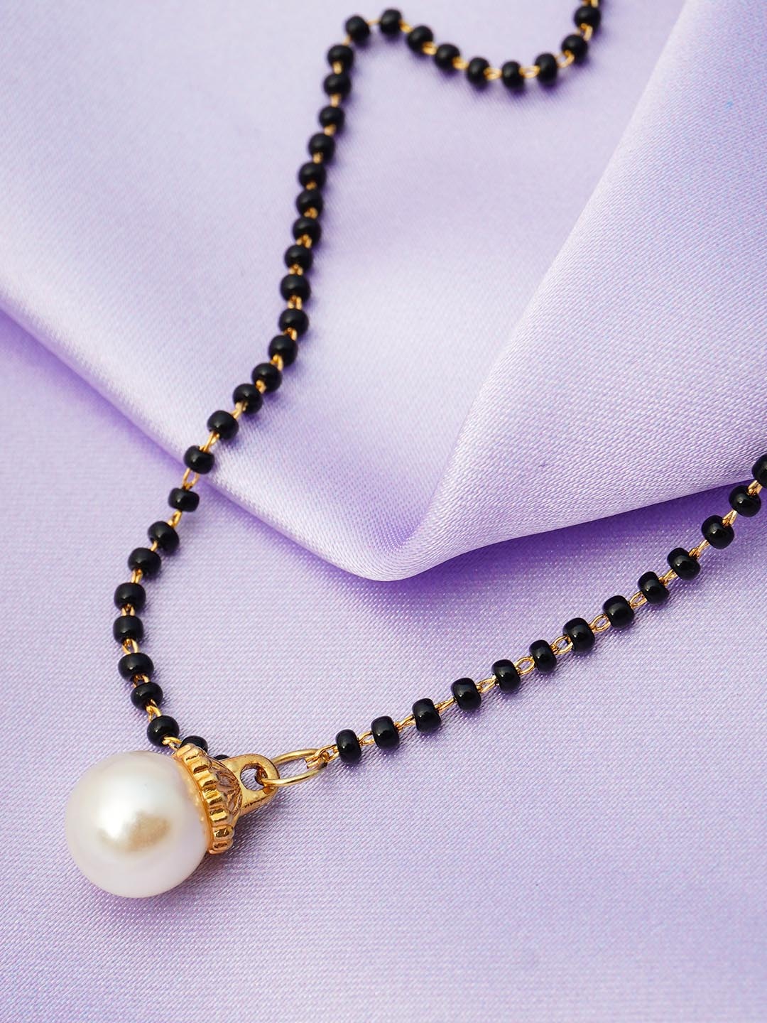

Ferosh Black And Gold Toned Gold Plated Pearl Drop Pendant Beaded Mangalsutra