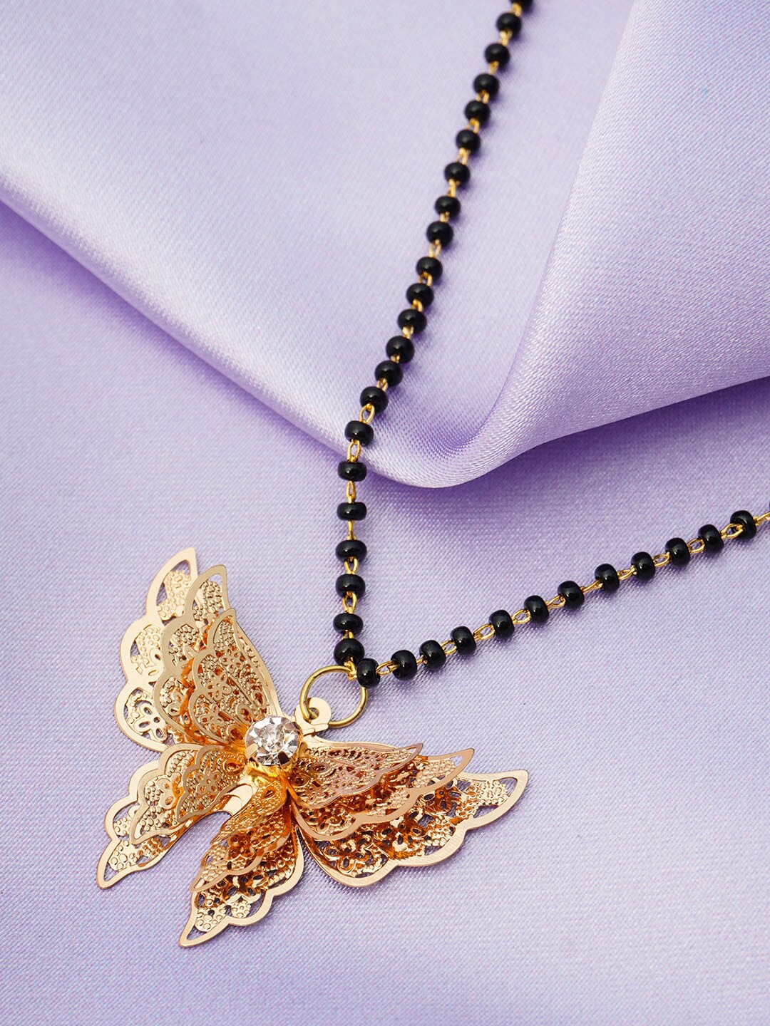 

Ferosh Black And Gold Toned Gold-Plated Butterfly Pendant Beaded Mangalsutra